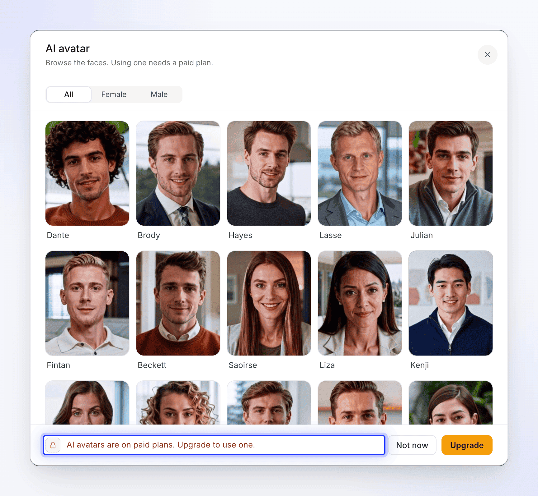The AI avatar window on the Free plan with presenters to browse and the upgrade message