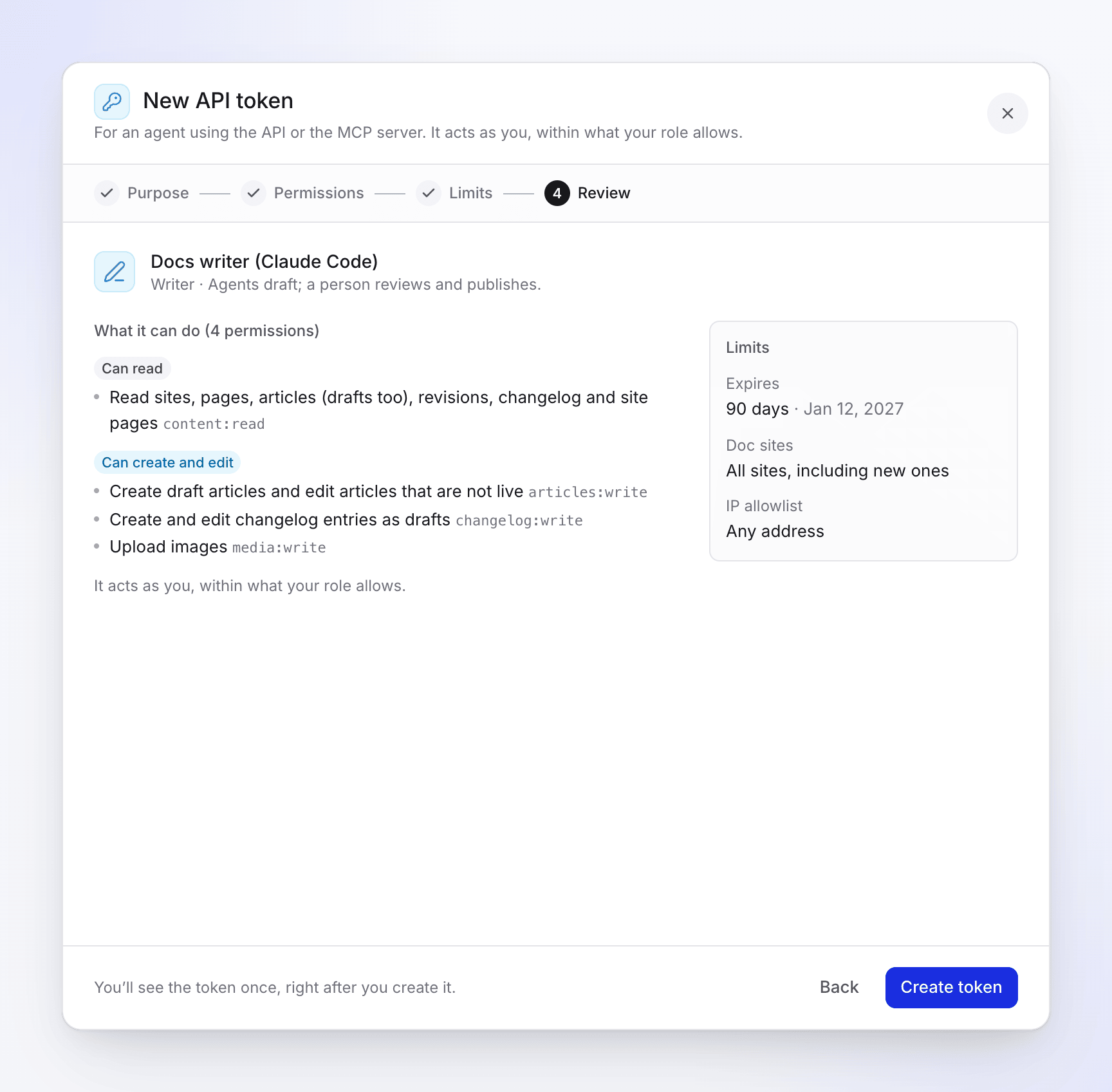Step 4, Review: what the new token can do in plain words, and its expiry, doc sites and IP allowlist, before you create it.