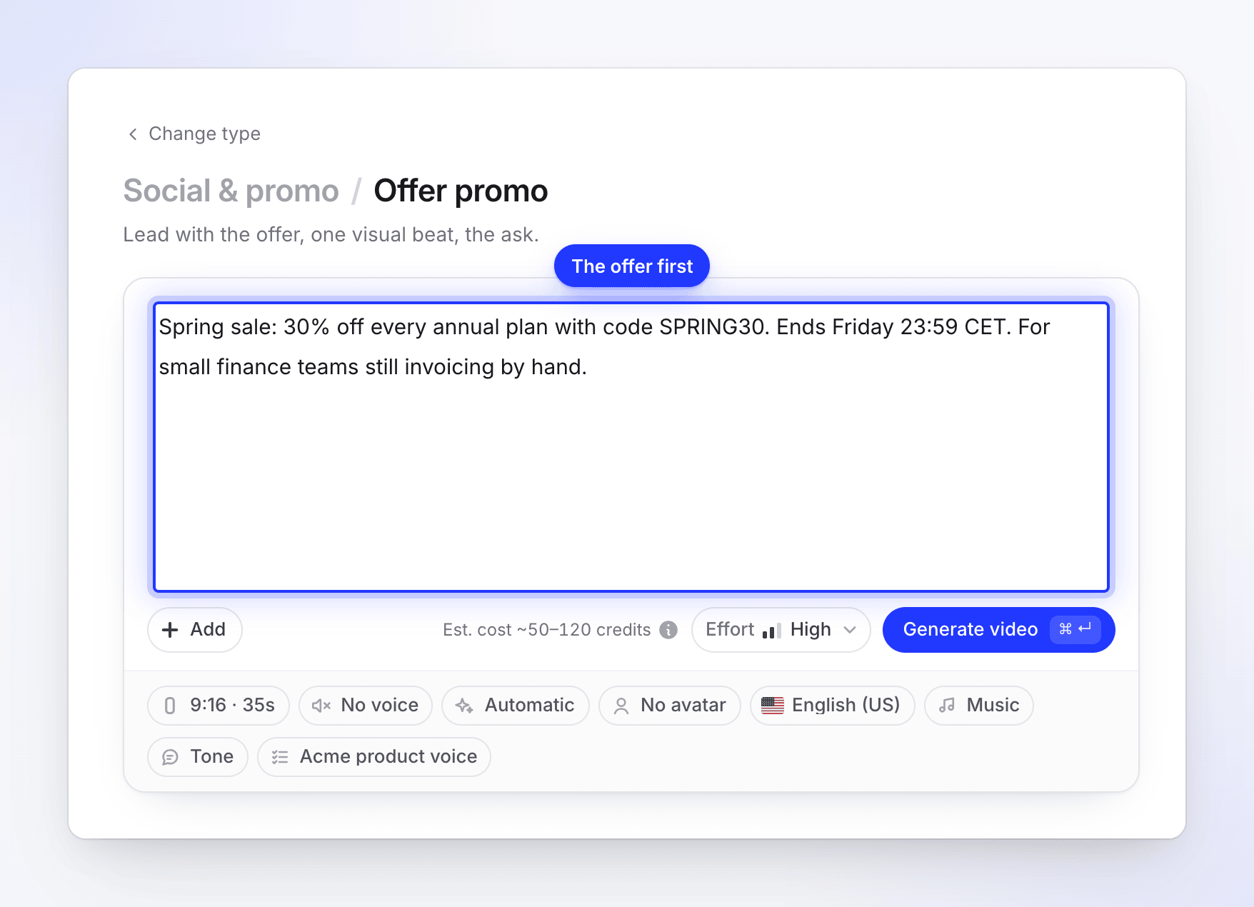 The Offer promo Compose page with the offer, code and deadline in the brief