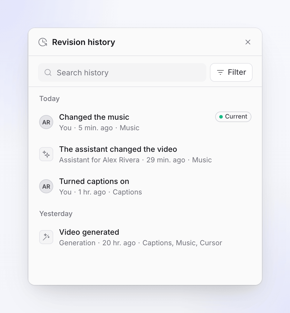 The Revision history drawer listing changes by you, the assistant and the generation.