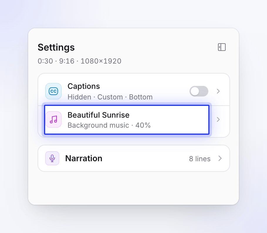 The clip editor's Settings page with Captions, the Background music row at 40% and the Narration card