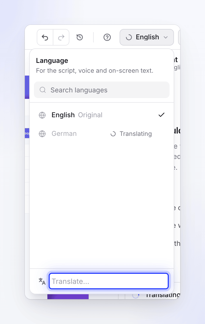Il menu della lingua con inglese (originale), tedesco in fase di traduzione e Traduci… in fondo.