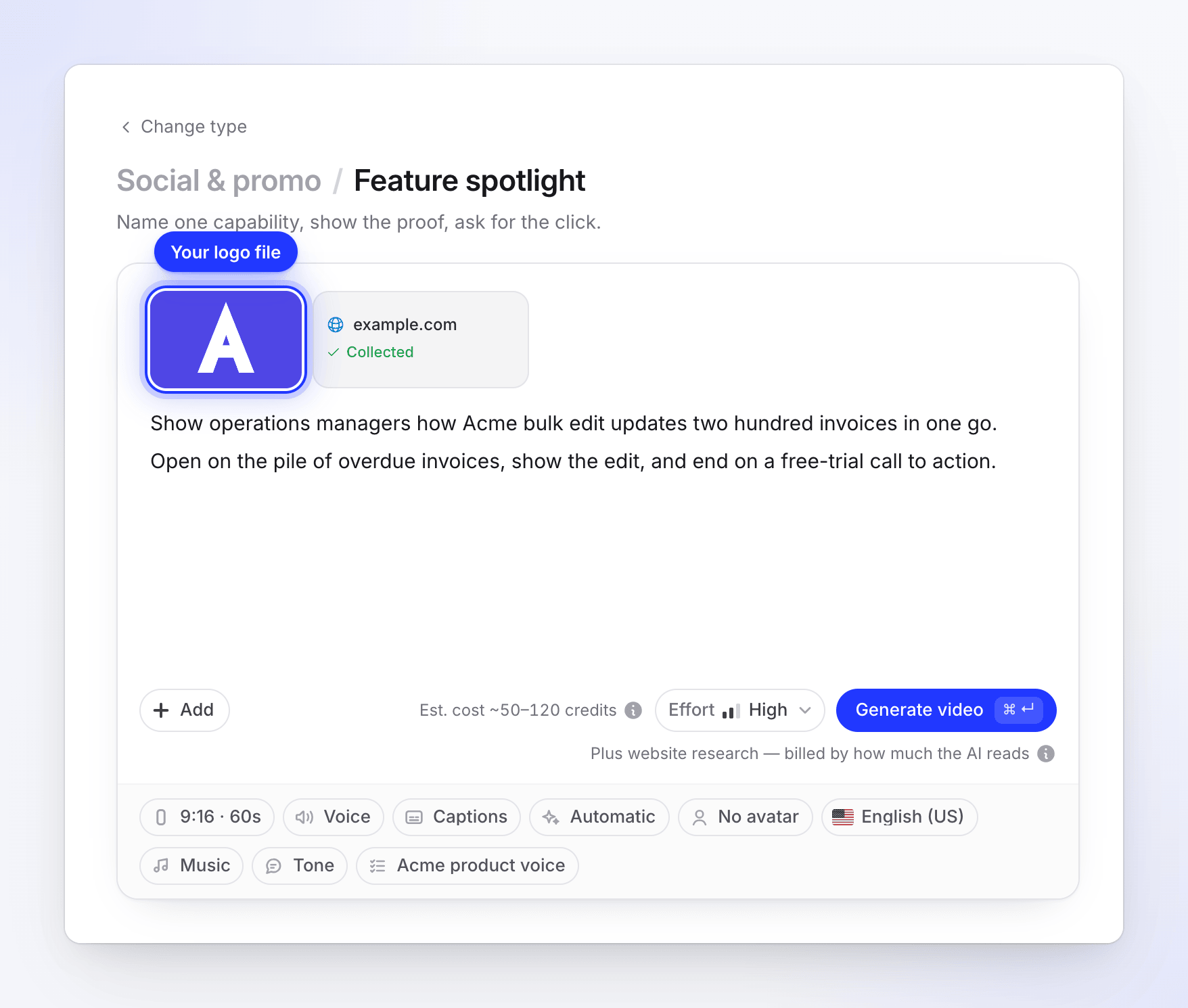 The Compose page with the Acme logo picture attached next to an example.com website tile