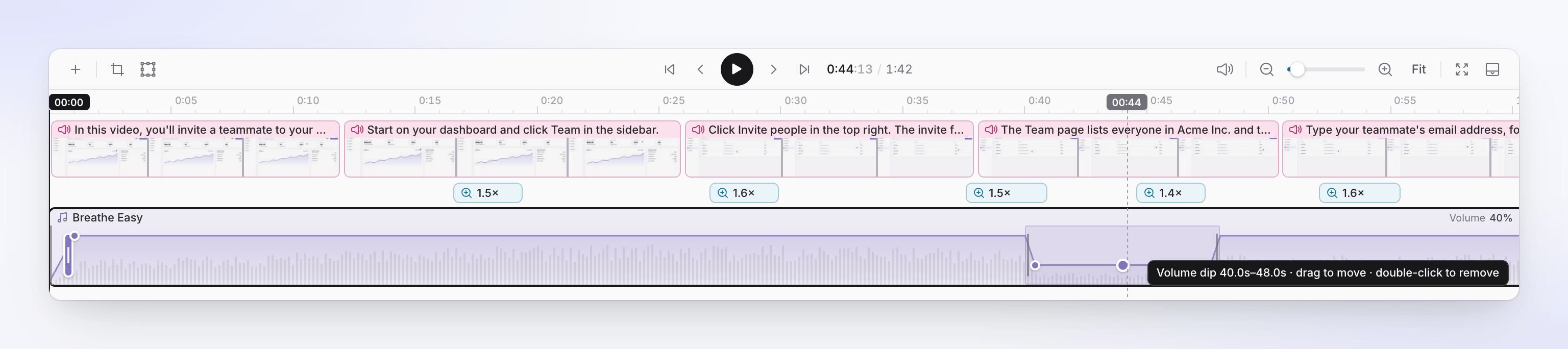 The expanded music lane with a fade-in and a volume dip from 0:40 to 0:48.