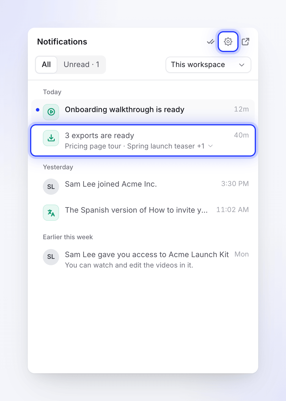 The notifications panel with a folded group of three exports and the settings gear