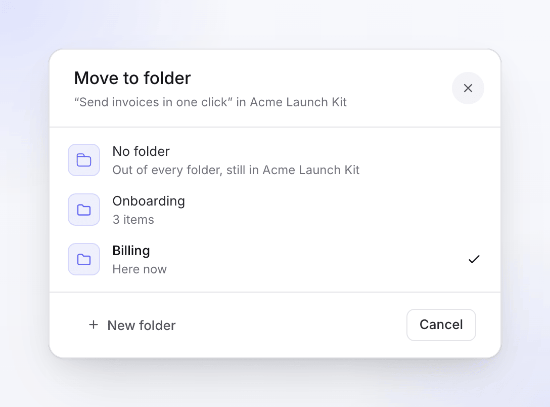 The Move to folder dialog listing No folder, the folders and New folder