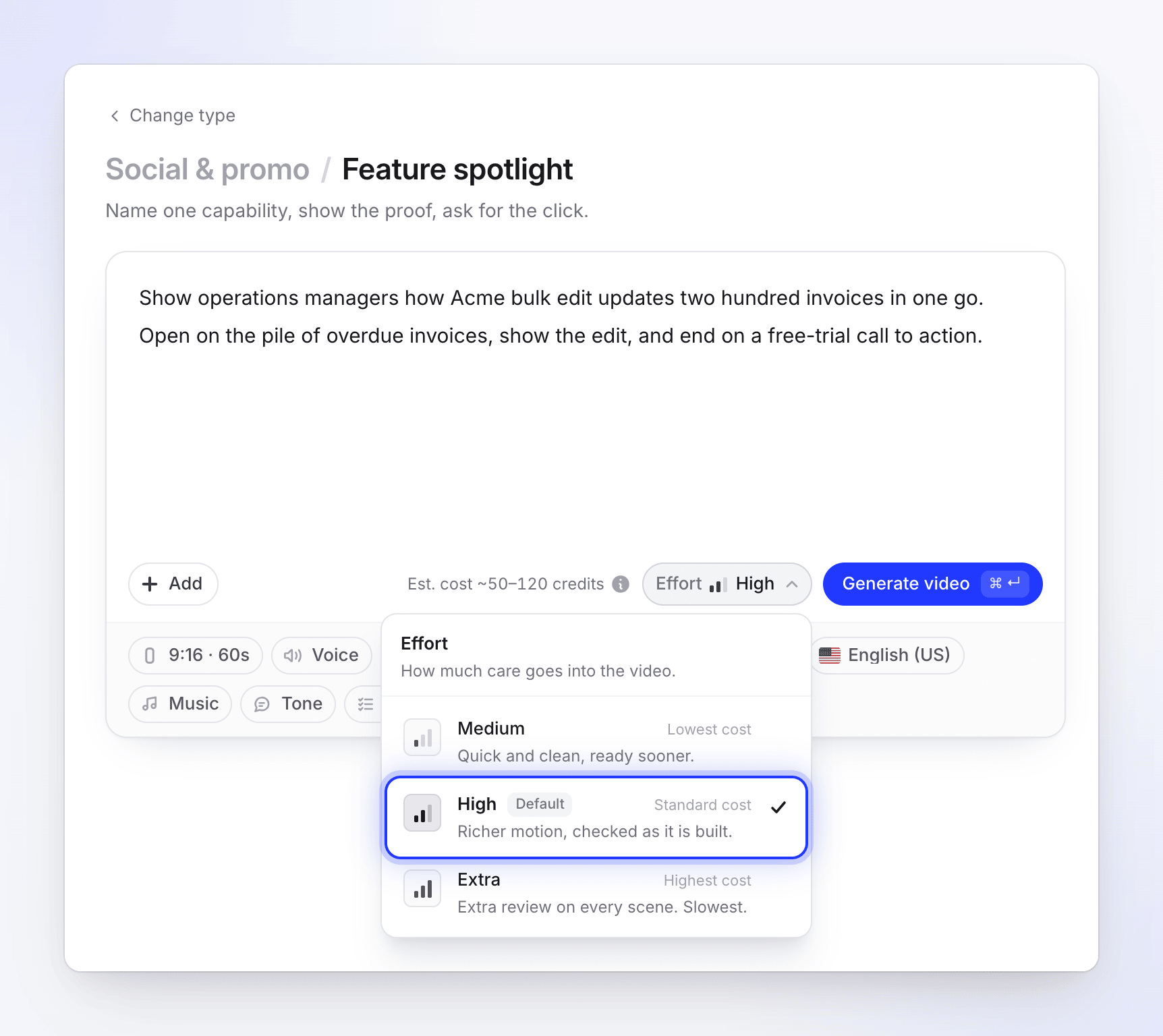 The Effort menu with Medium, High (default, selected) and Extra and their relative cost