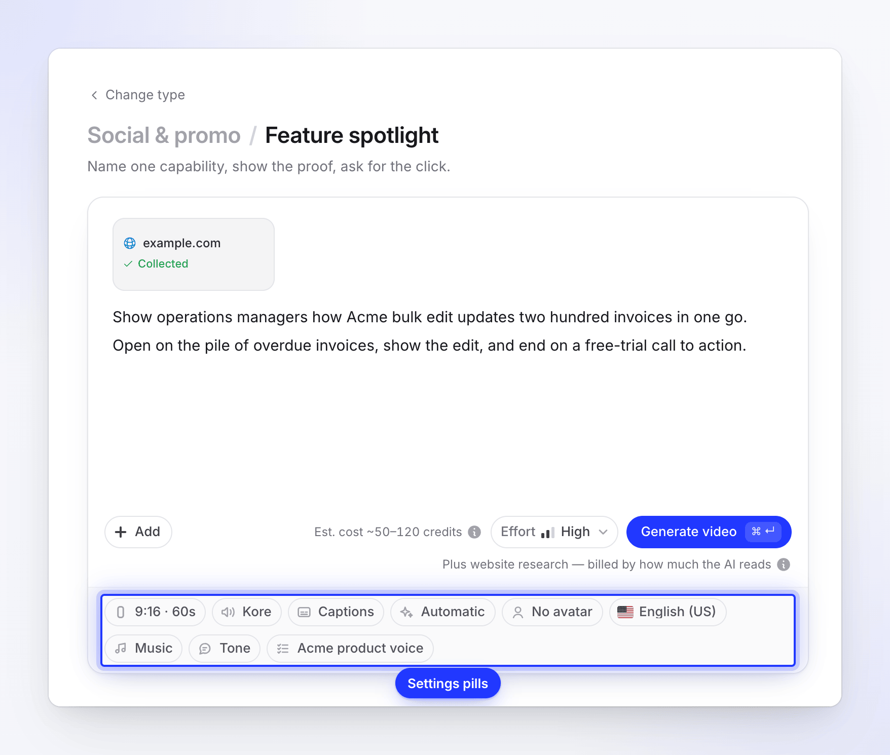 The Compose page with a brief, a collected example.com website tile and the row of settings pills