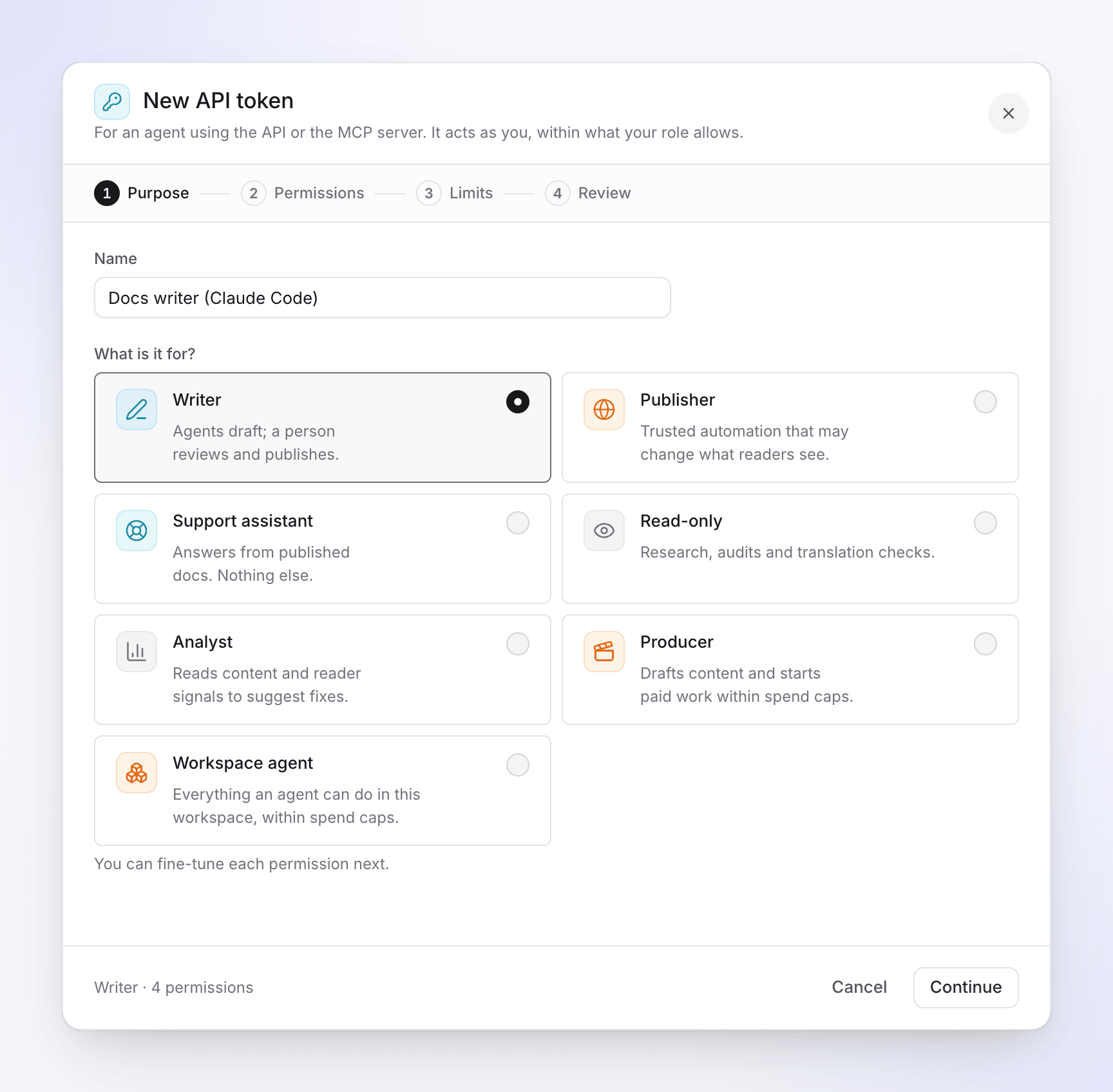 Step 1 of the New API token wizard: a name and a choice of purpose presets such as Writer, Publisher and Support assistant.