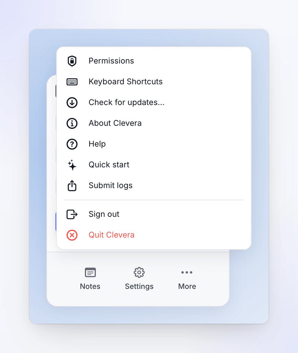 Windows: the More menu of the Clevera recording window, from Permissions to Quit Clevera.