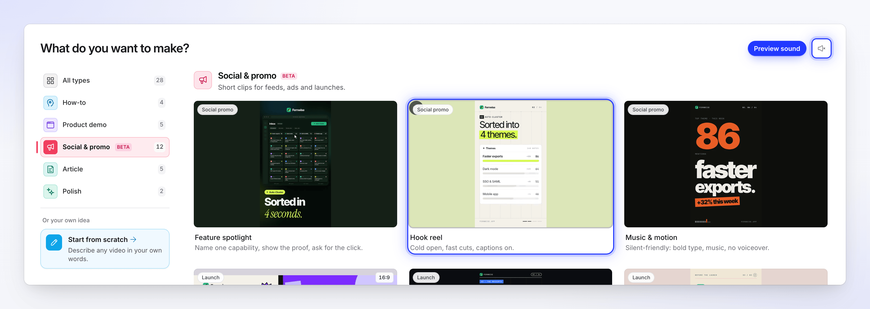 A Hook reel card playing its preview, with the preview sound button in the page's top-right corner
