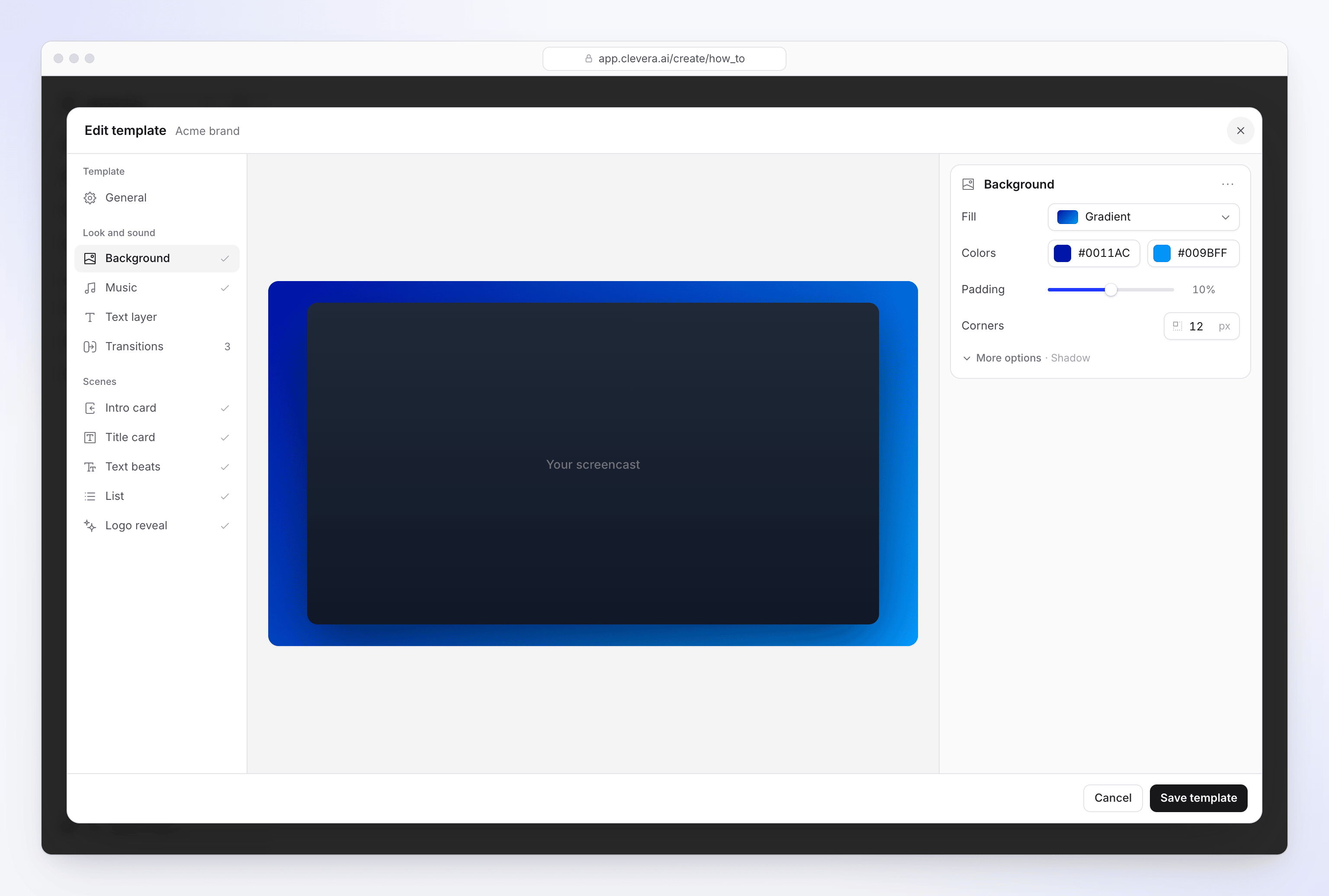 The Background section of a template with a gradient fill, padding and corners.