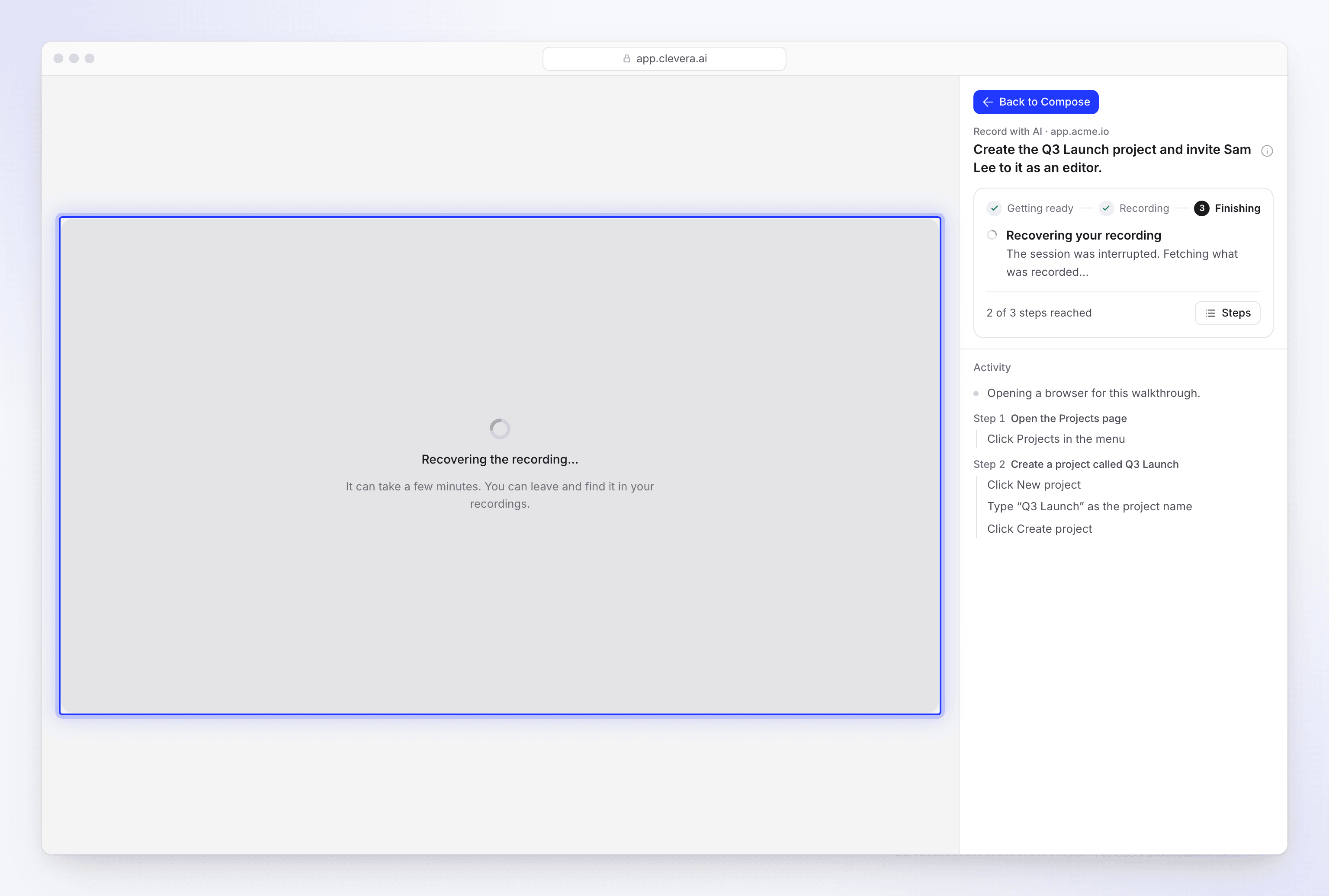 The Record with AI live page recovering an interrupted recording, with the steps the AI reached on the right