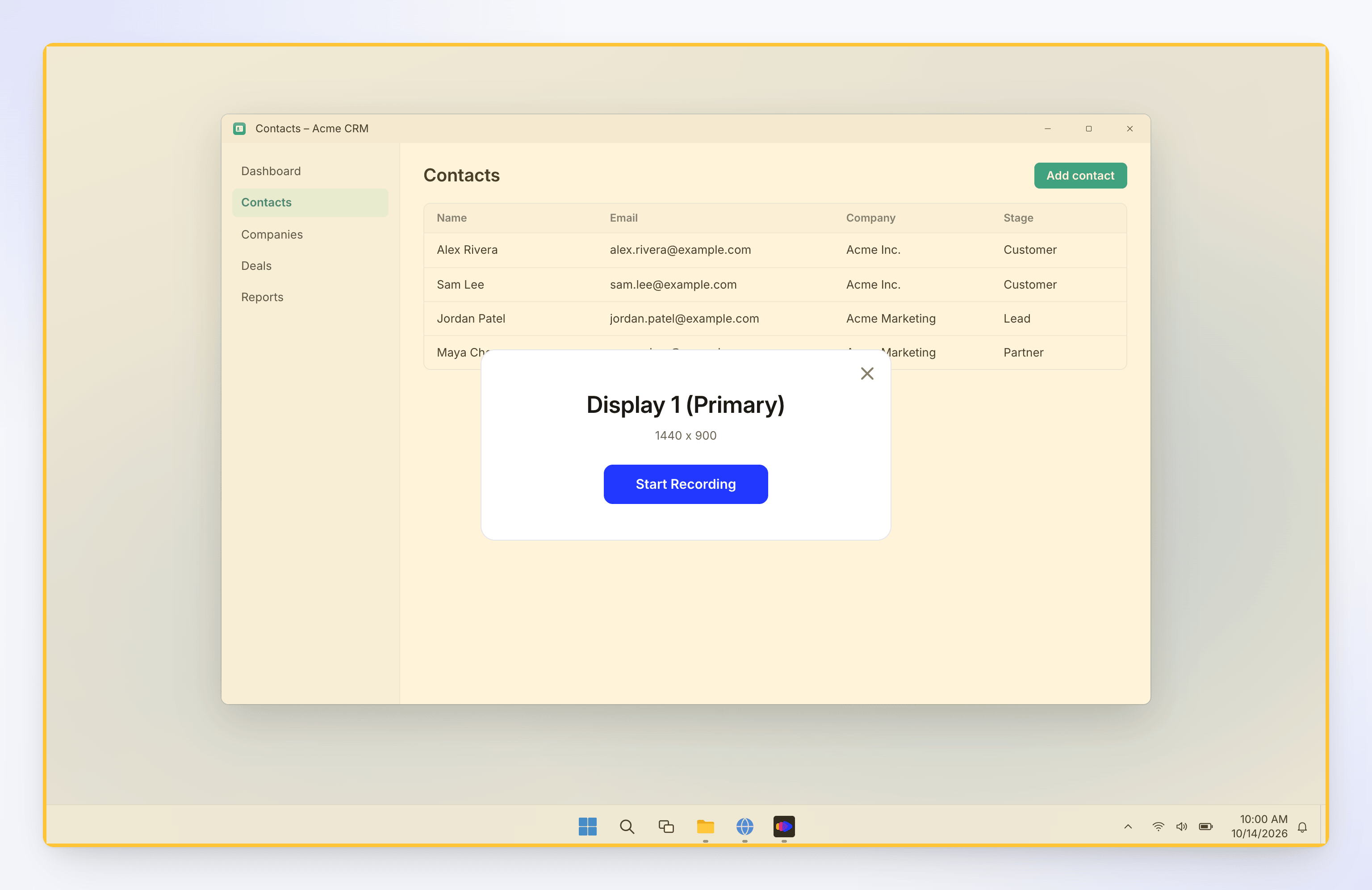 Windows: the display tinted yellow with a card showing Display 1 (Primary), its size and a Start Recording button.