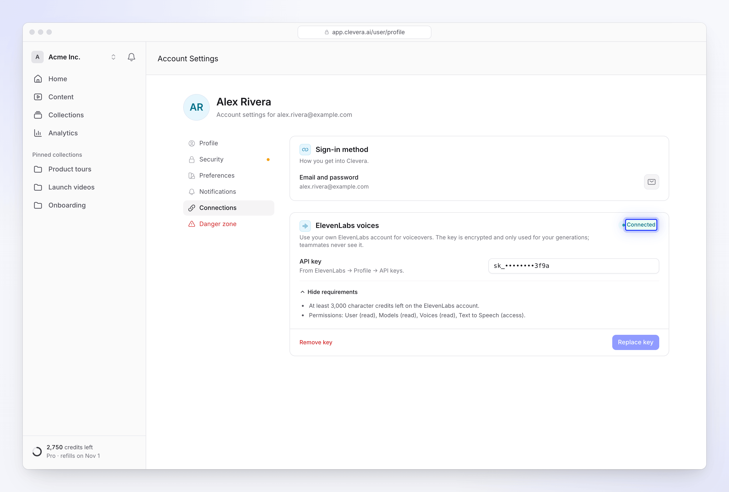 The ElevenLabs voices section in Account settings with a connected, masked key