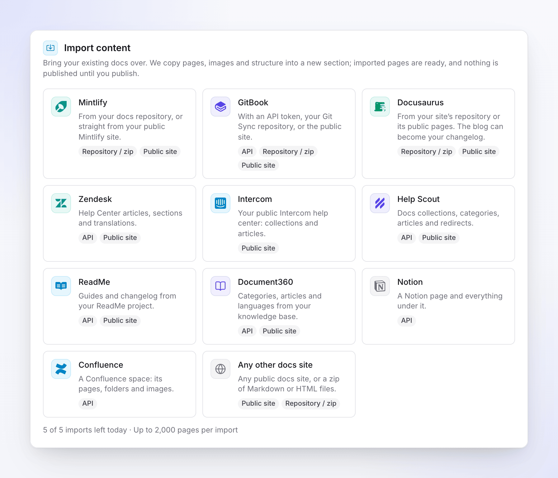 Settings, Import content: the platforms you can import from (Mintlify, GitBook, Docusaurus, Zendesk, Intercom and more) and how