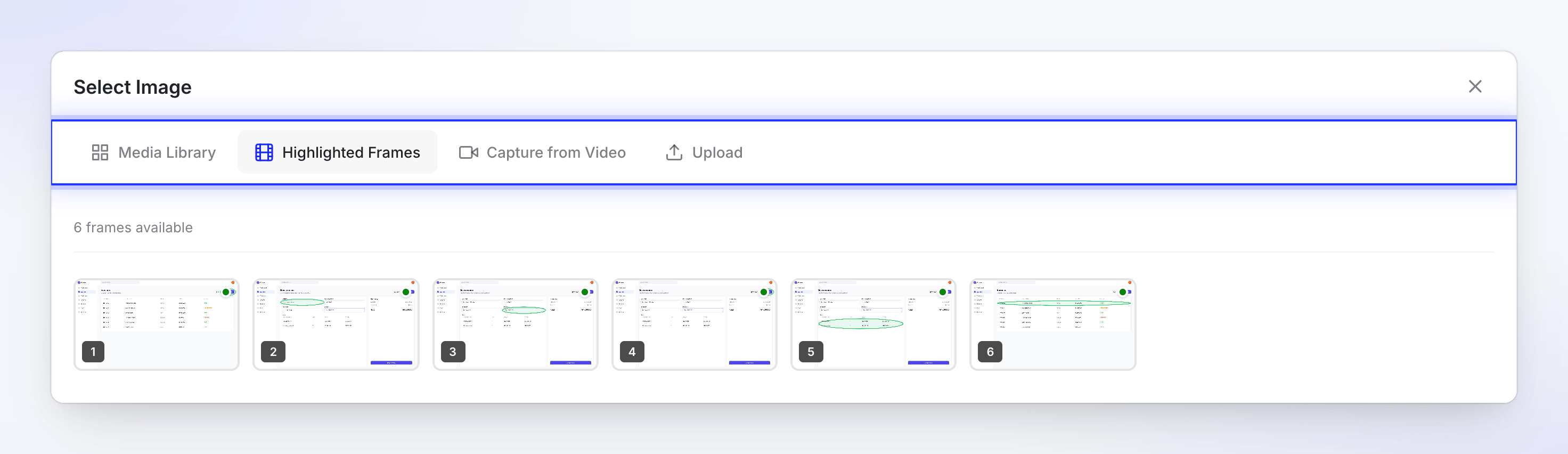 The Select Image dialog on Highlighted Frames, with the Media Library, Capture from Video and Upload tabs