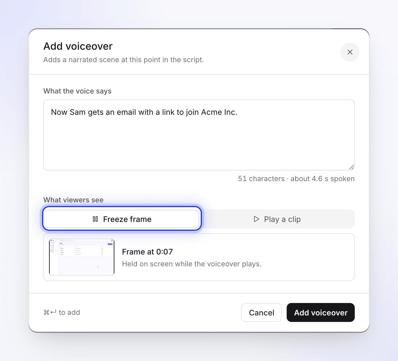 The Add voiceover dialog with a line of narration and Freeze frame selected.