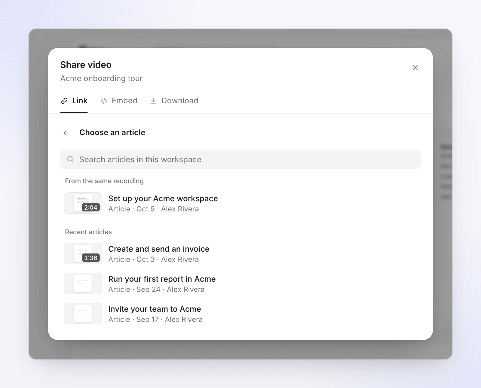 The Choose an article list with an article from the same recording first, then recent articles.