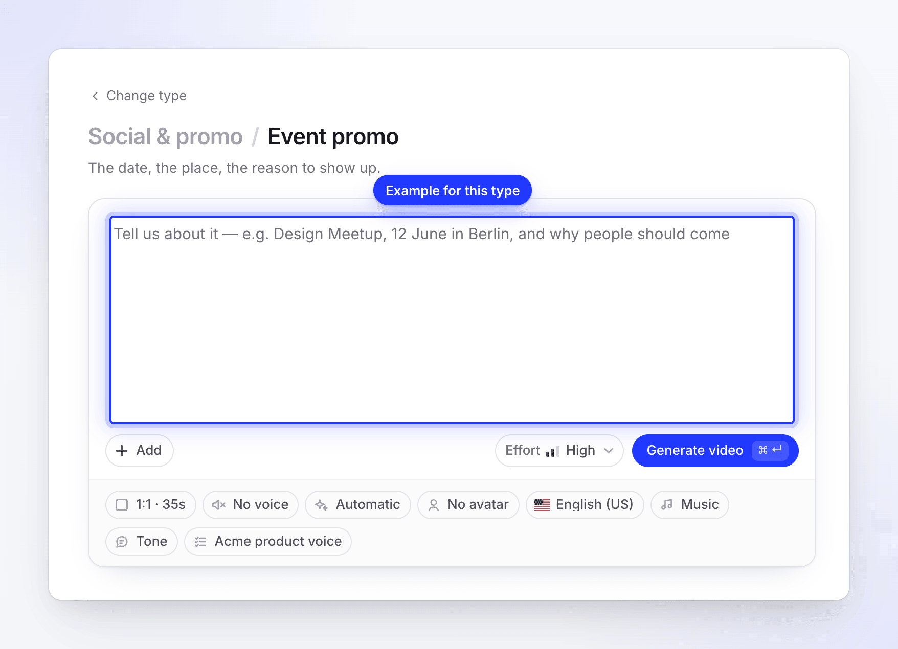 The empty brief box on an Event promo with its example placeholder