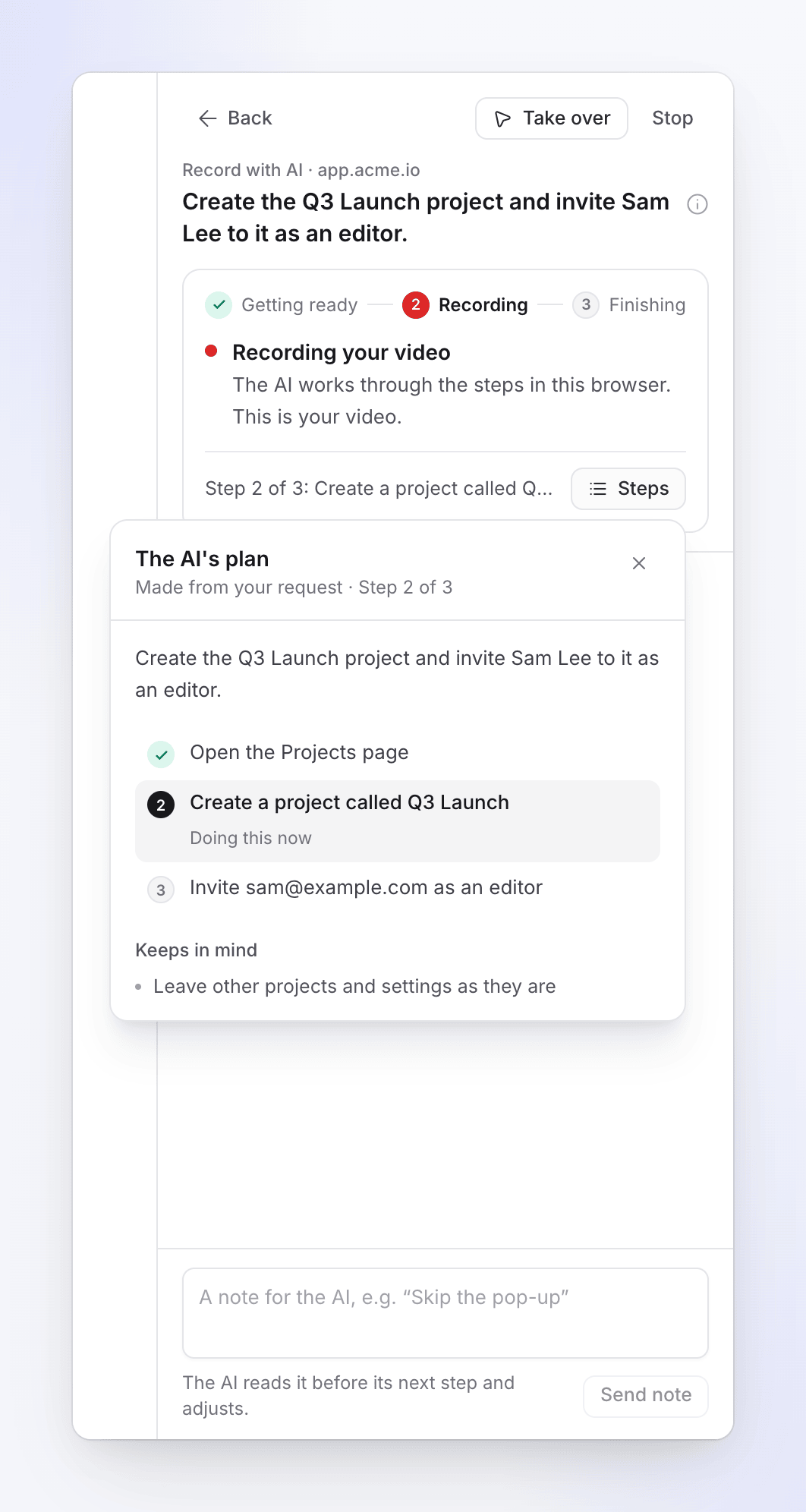 The Steps popover showing the AI's plan with one step done and one in progress