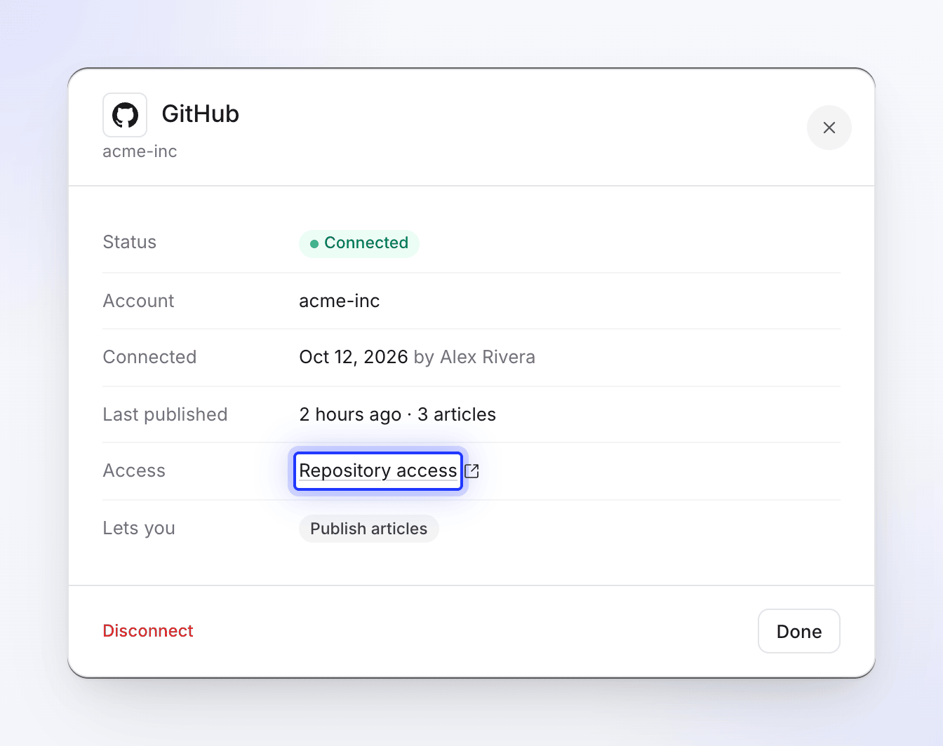 The GitHub connection details with the Repository access link