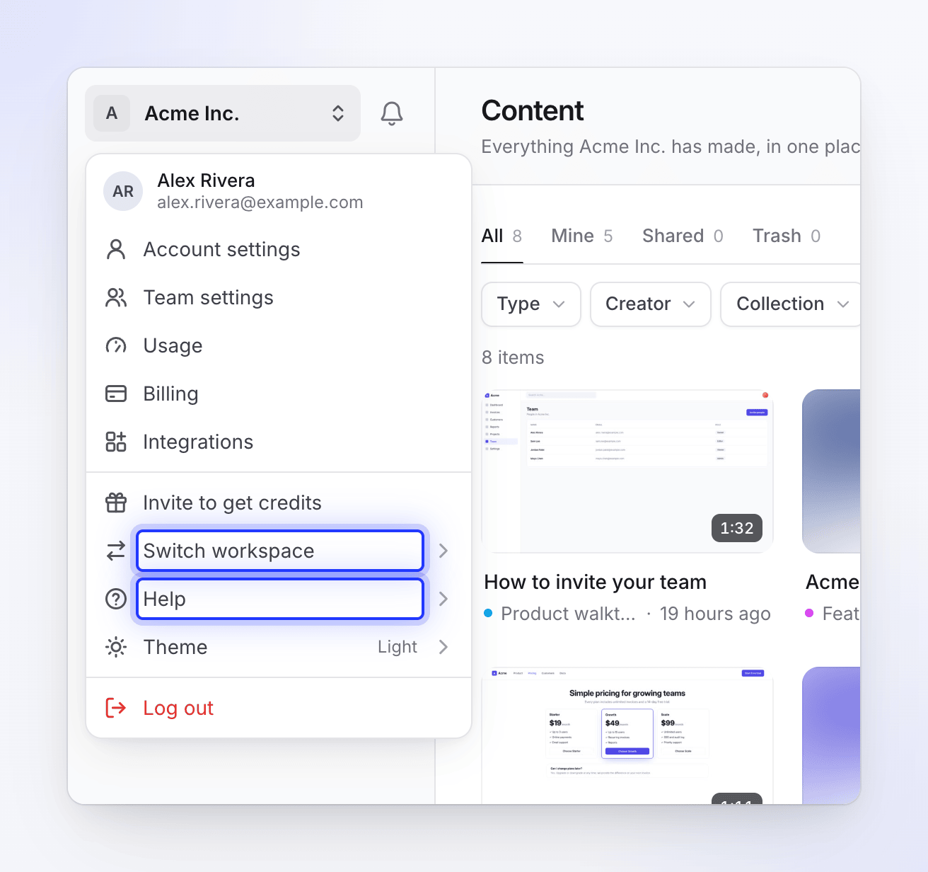 The workspace menu listing account, team, usage, billing, workspace and help items