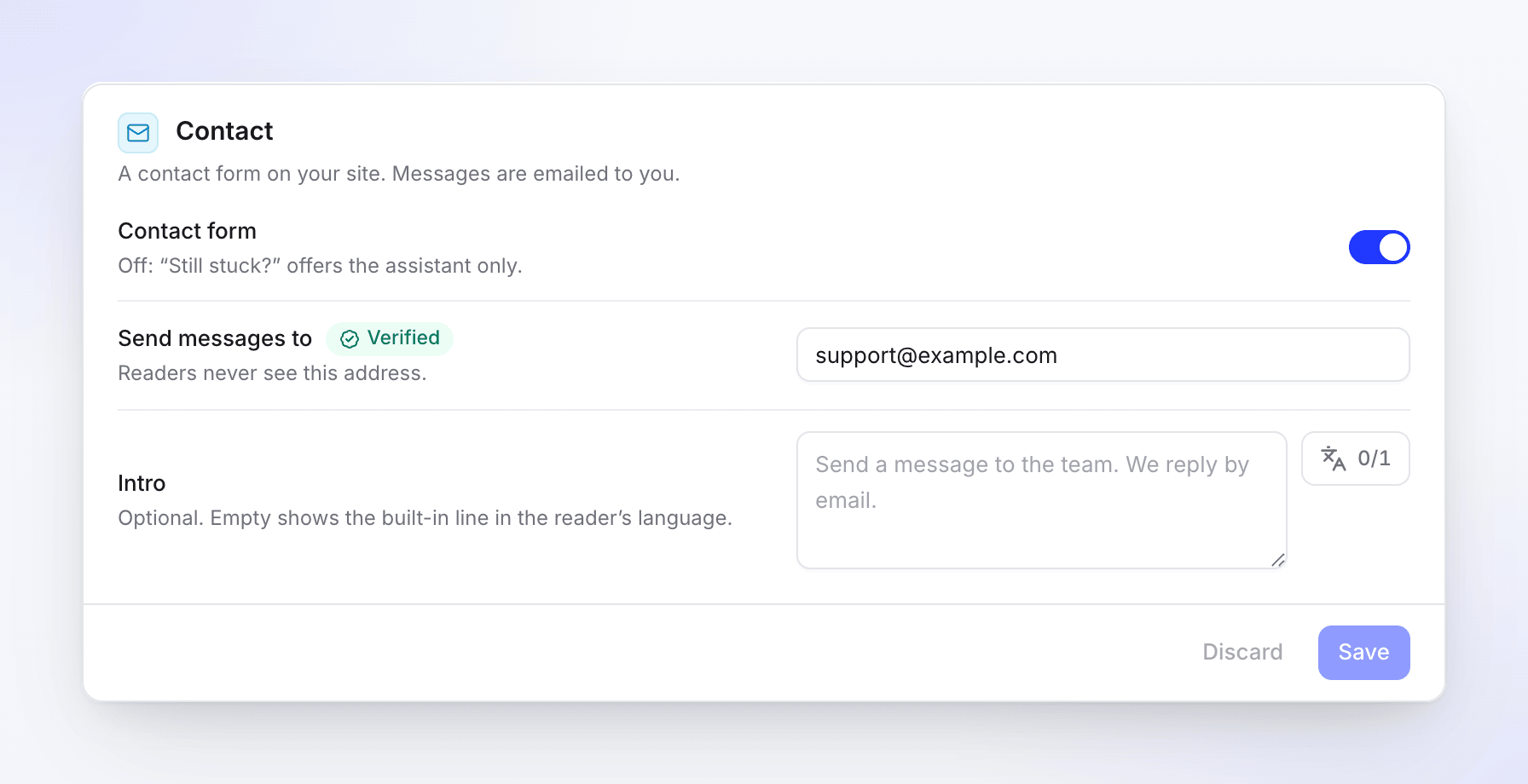 Settings, Contact card: Contact form on, messages sent to support@example.com marked Verified, and the optional intro