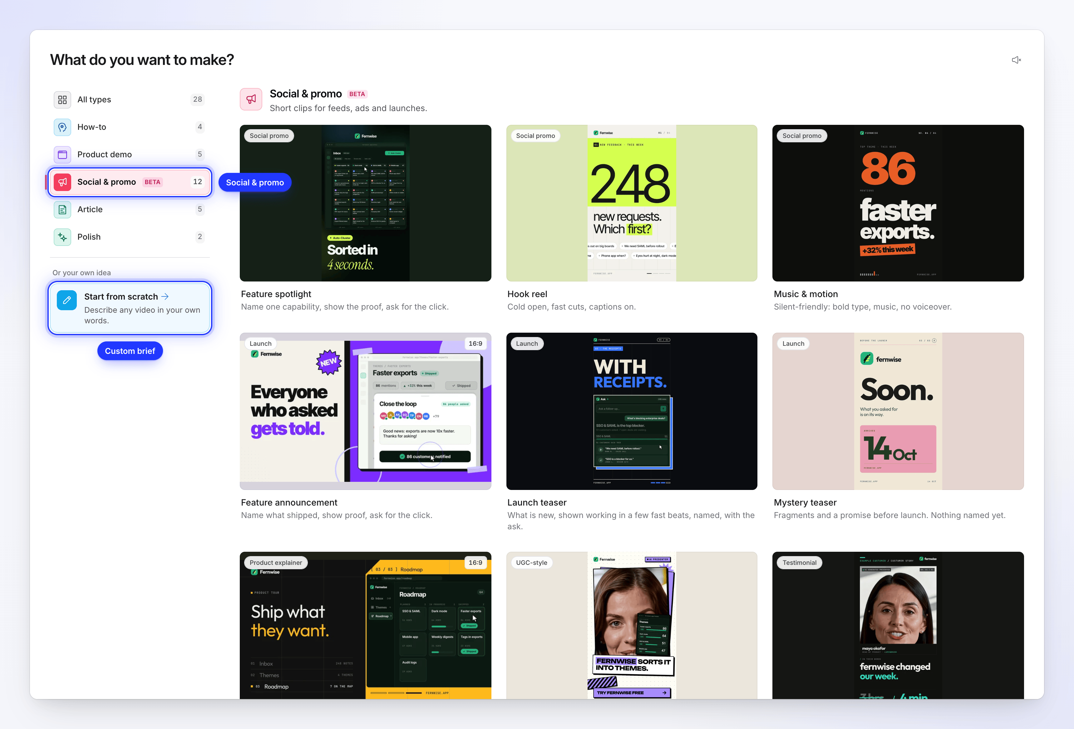 The Social & promo gallery on a wide screen, with the list of video types and Start from scratch highlighted