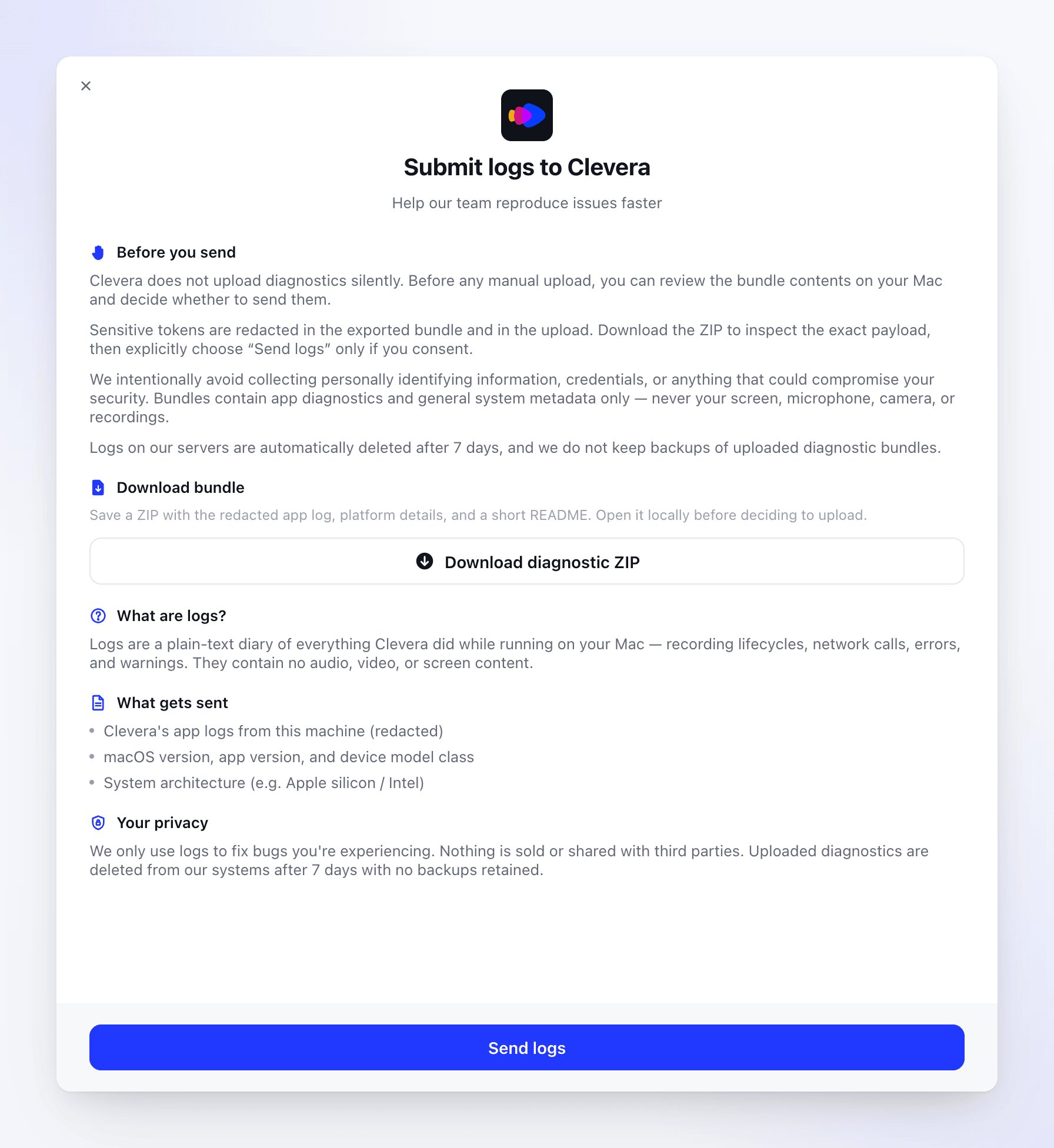 The Submit logs to Clevera window on a Mac, with Download diagnostic ZIP and Send logs.