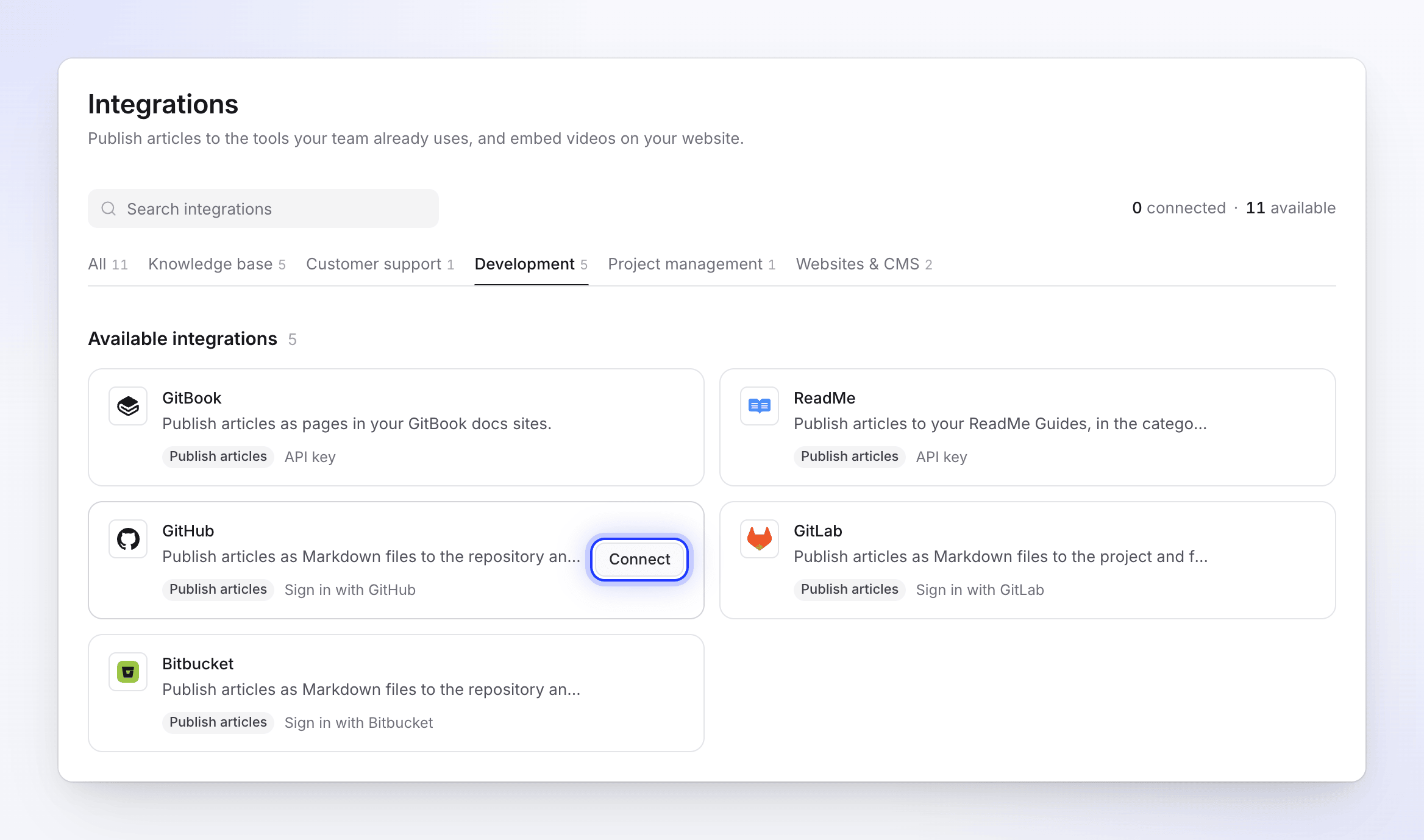 The Integrations page on the Development tab with Connect shown on the GitHub card