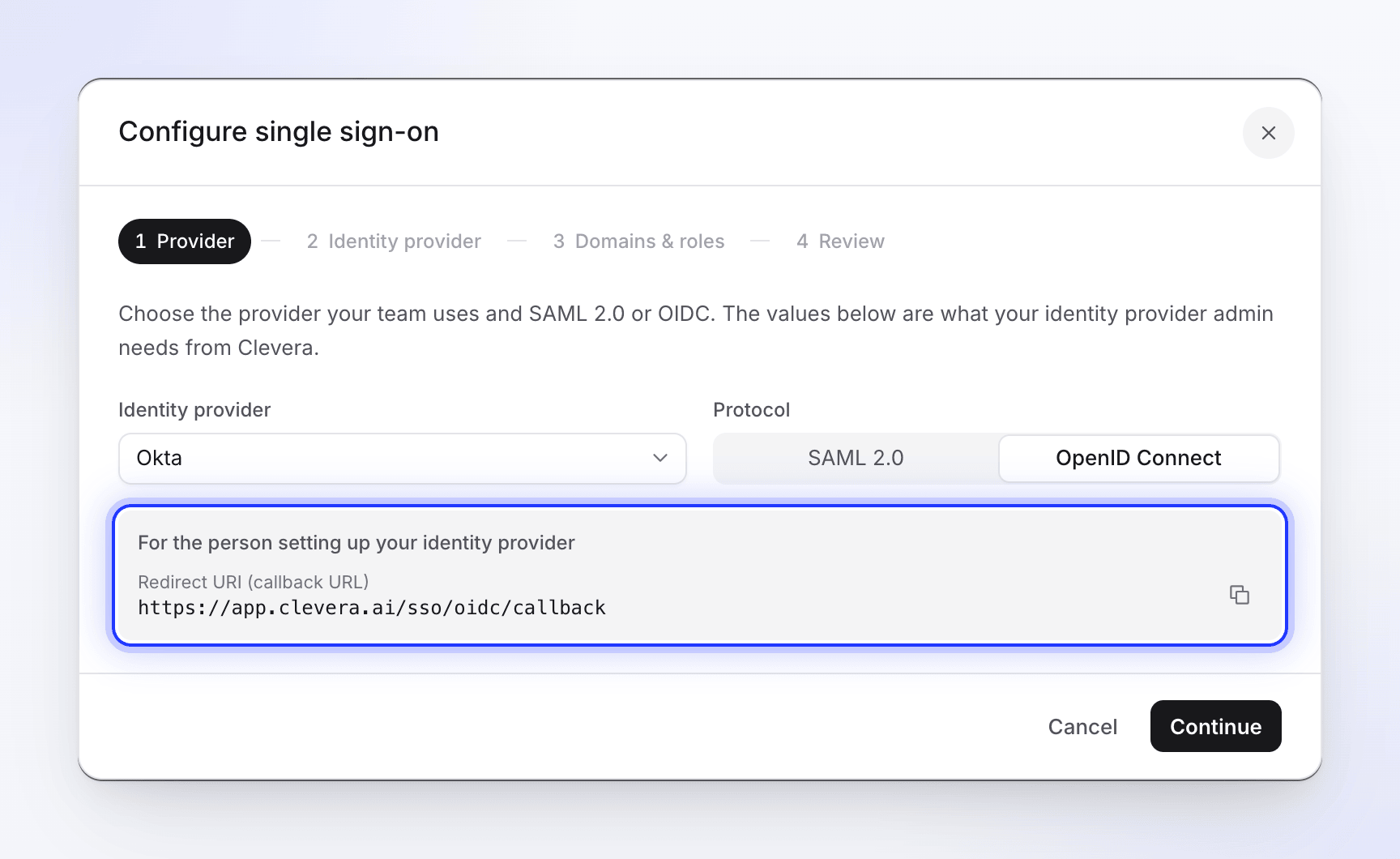 Step 1 of the SSO setup dialog with Okta and OpenID Connect selected, showing the Redirect URI (callback URL) with a copy button