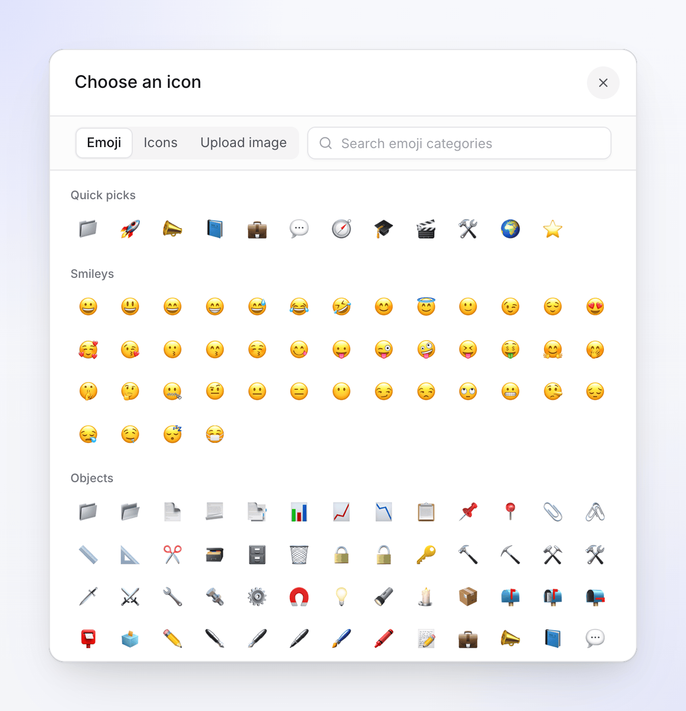 Boîte de dialogue Choisir une icône avec les onglets Émoji, Icônes et Téléverser une image