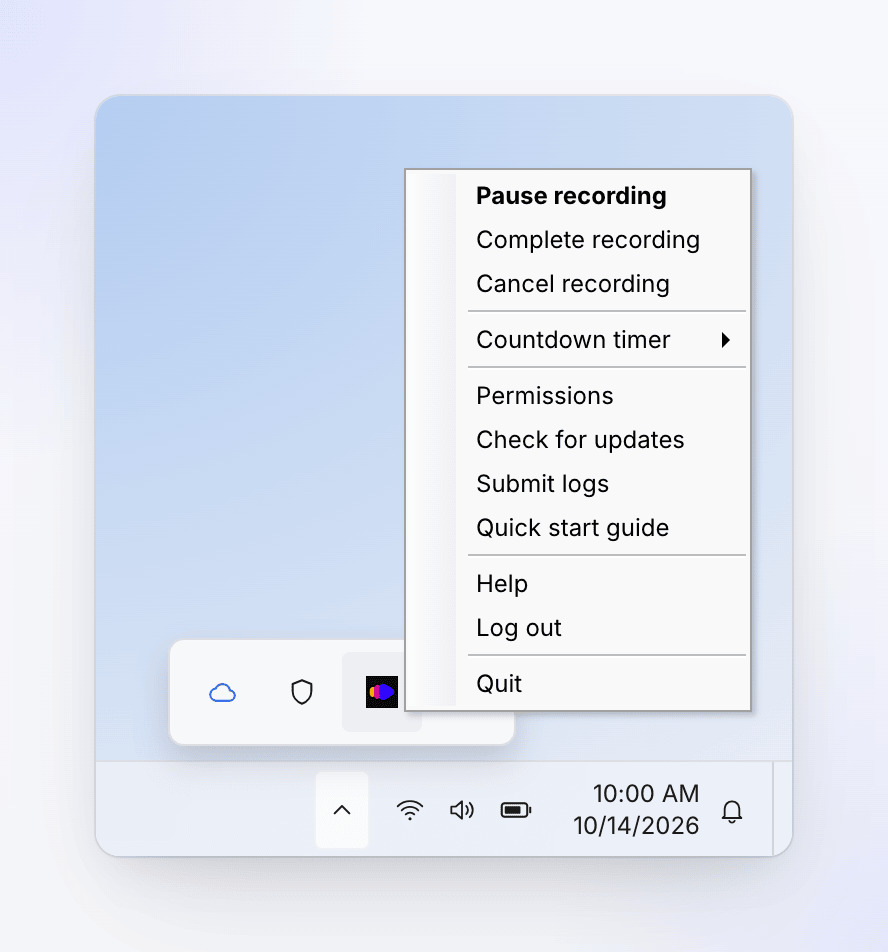 Windows: the Clevera tray menu during a recording, with Pause recording, Complete recording and Cancel recording.