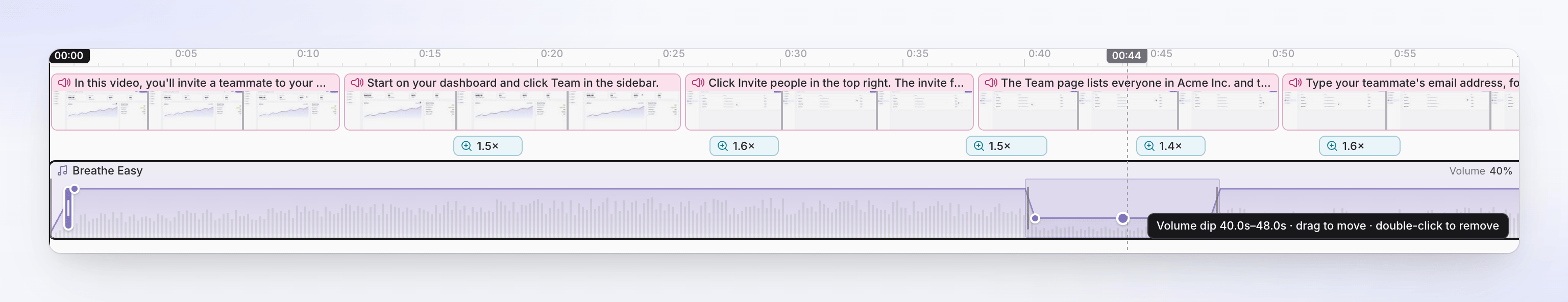 The expanded music lane with a volume dip and its hover hint.