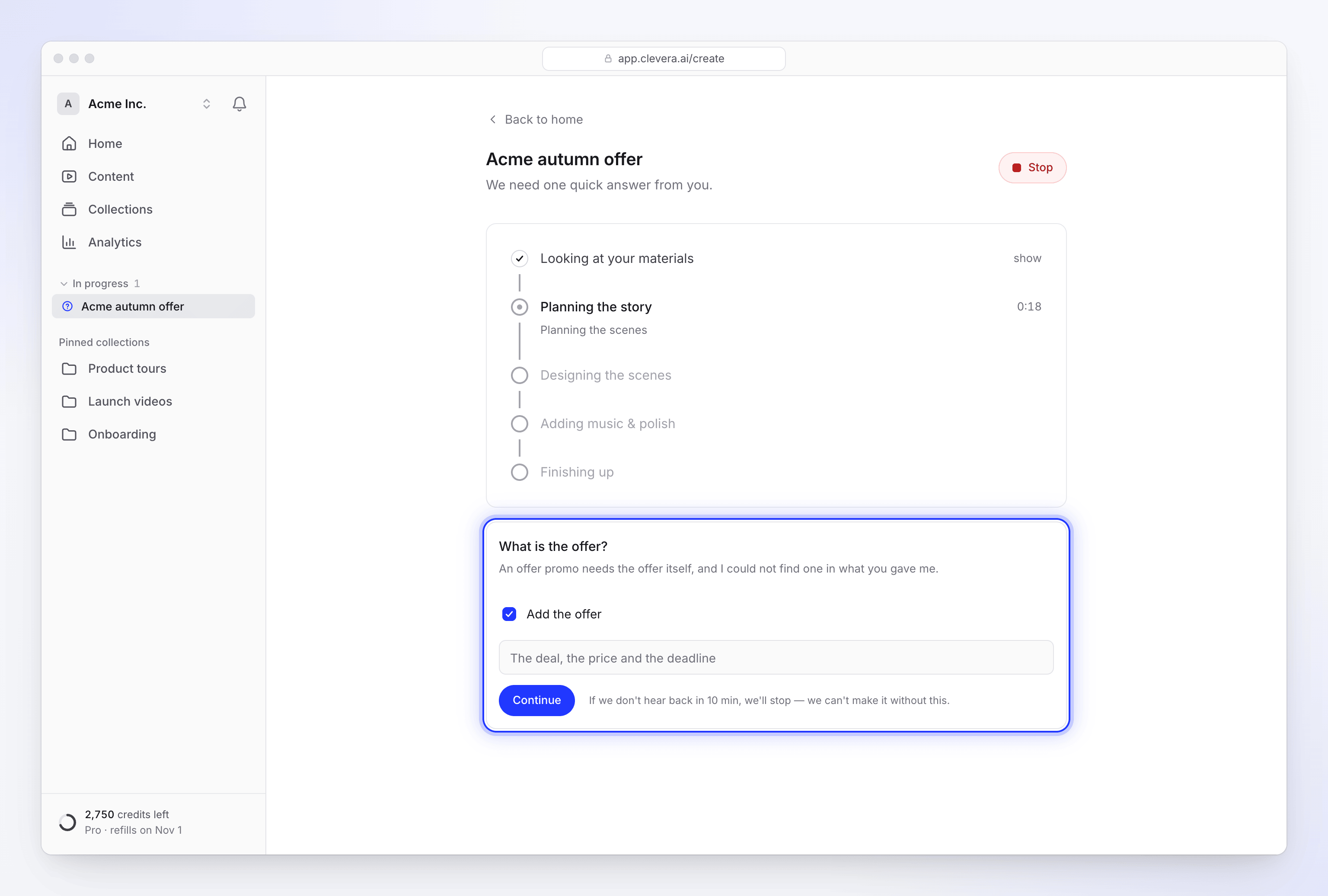 A question card on the generation page asking What is the offer, with an Add the offer option