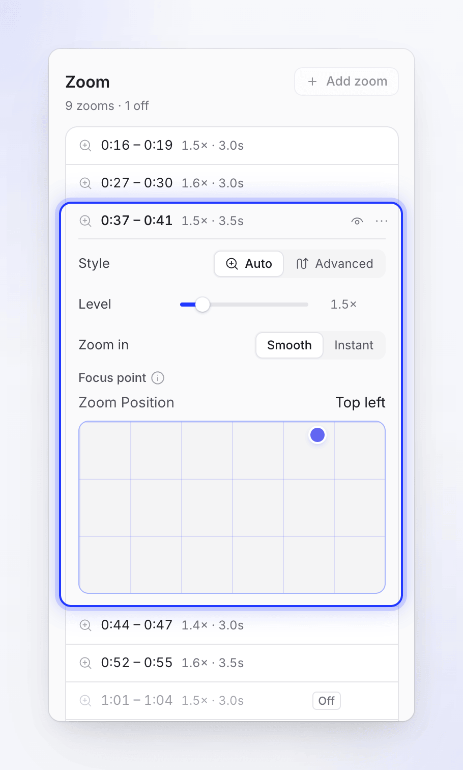 The Zoom tab listing zooms, with one open showing its style, level and how it starts.