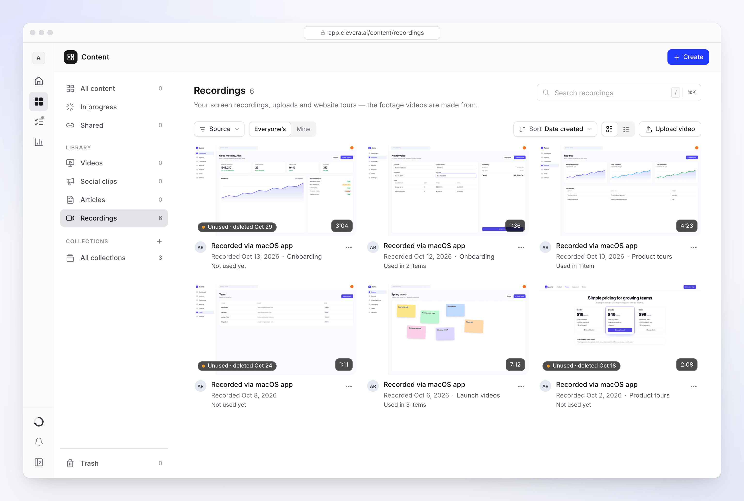 Contenuto › Registrazioni in vista griglia con ricerca, filtro Sorgente, Miei ed Everyone's, ordinamento, Carica video e registrazioni non utilizzate che mostrano la data di eliminazione
