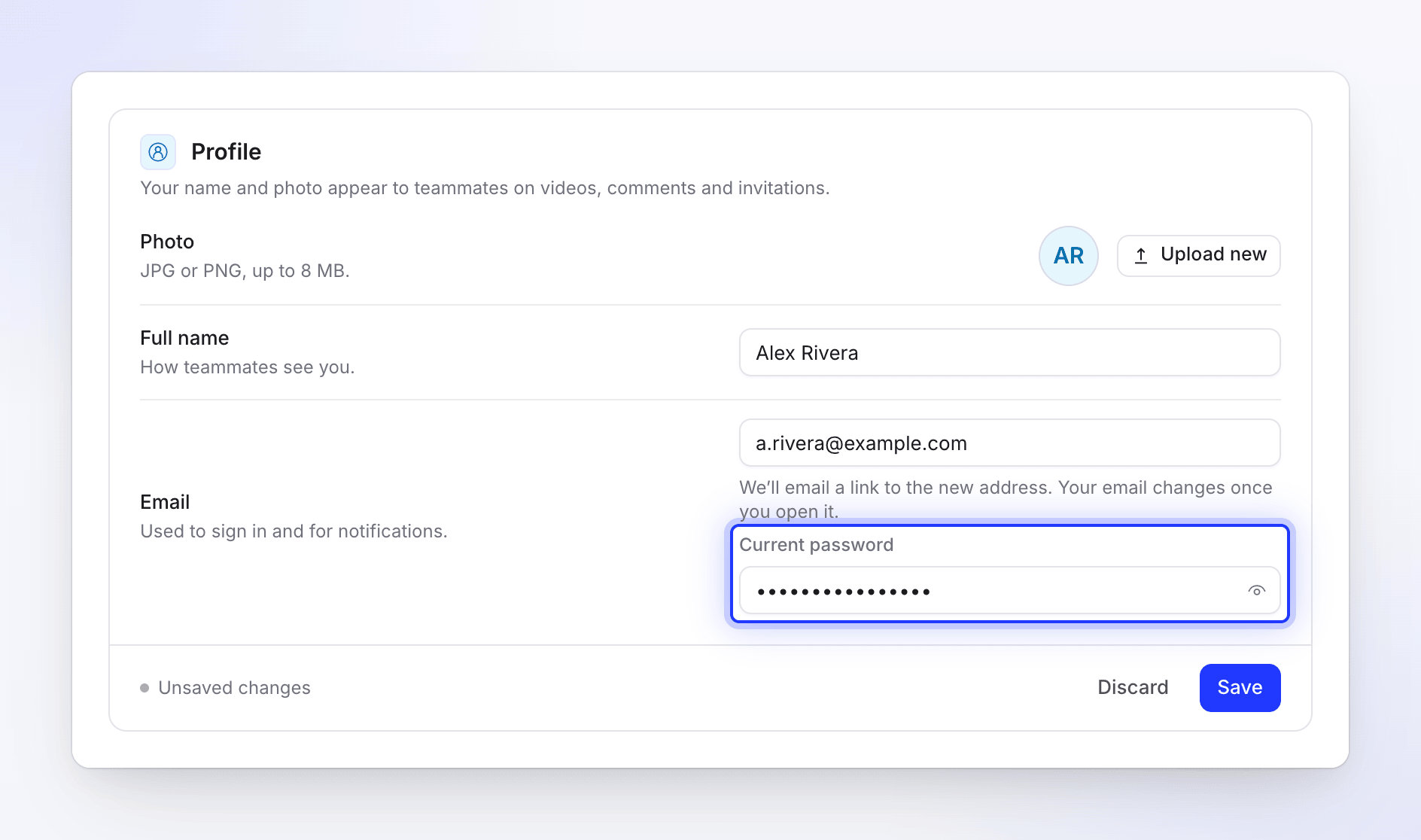 Account settings Profile with a new email typed, the note about the confirmation link and the Current password field.