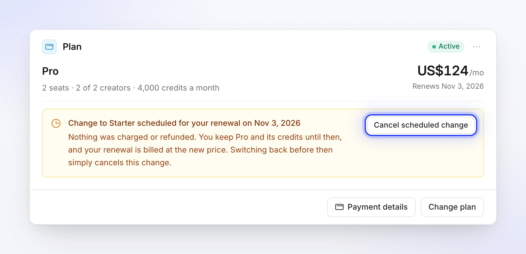 The Plan card showing a downgrade to Starter scheduled for the renewal date, with a Cancel scheduled change button