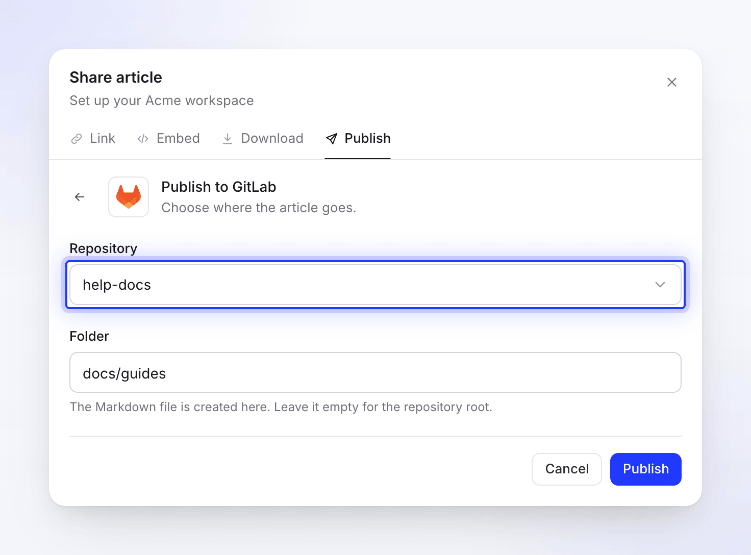 The Publish to GitLab form with the help-docs project and the docs/guides folder