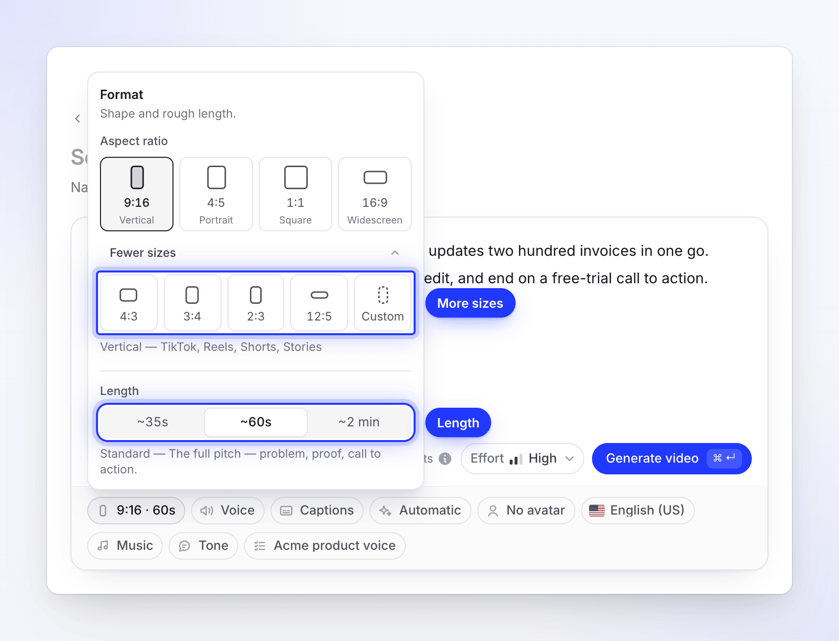 The Format menu with 9:16 selected, more sizes expanded and three length options
