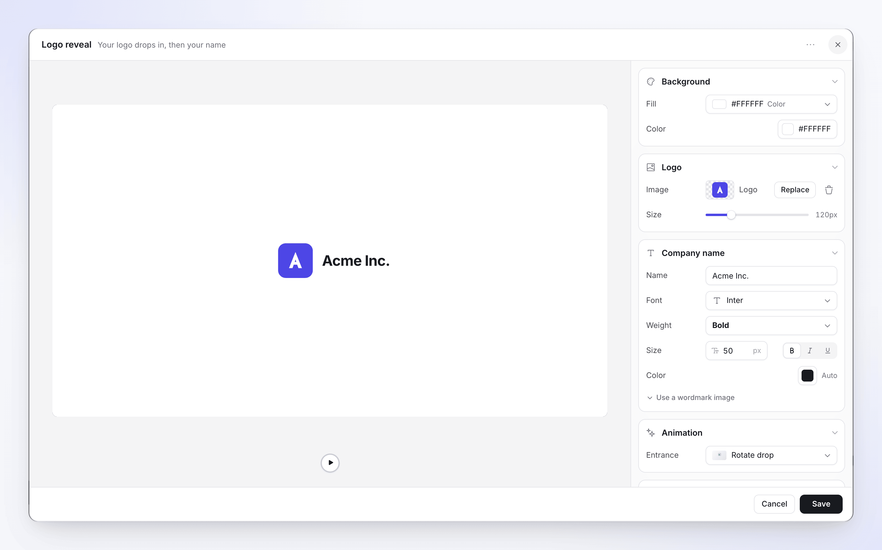 The logo reveal editor with the Acme logo, the company name Acme Inc. and the Rotate drop entrance.