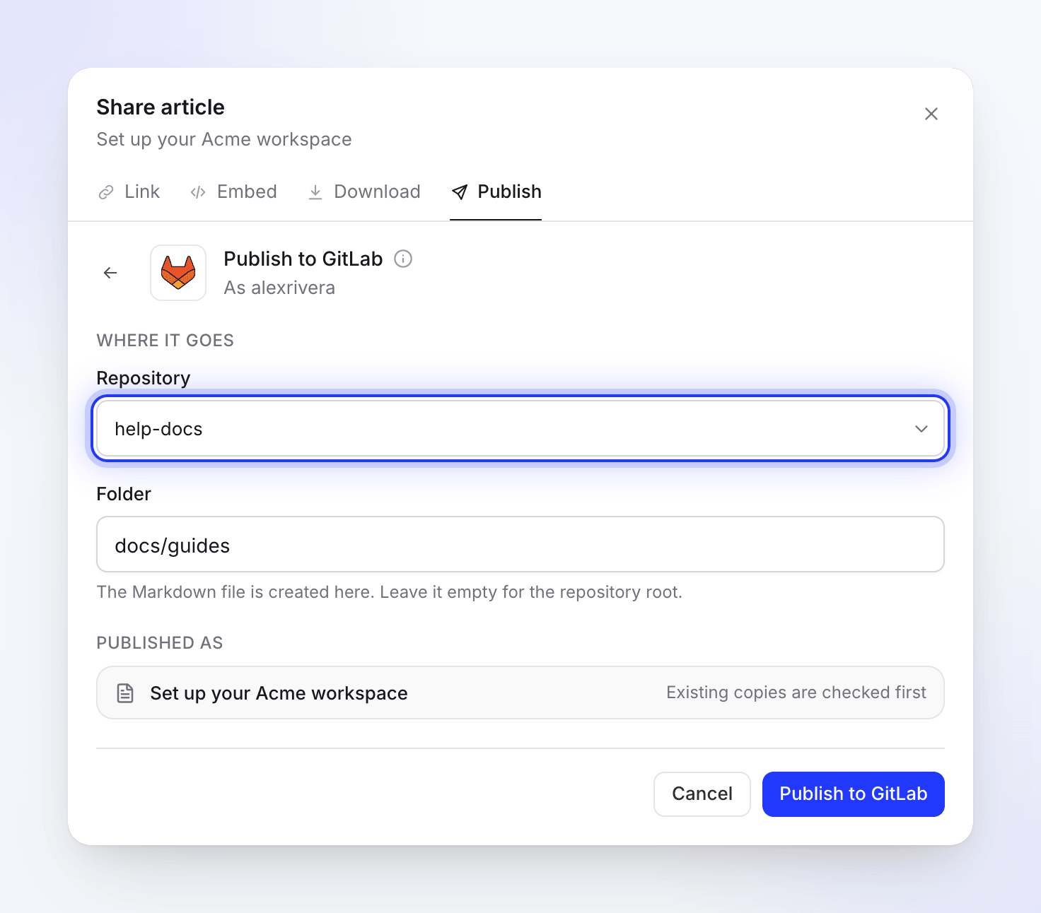 Das Formular „Auf GitLab veröffentlichen“ mit dem Projekt „help-docs“ und dem Ordner „docs/guides“
