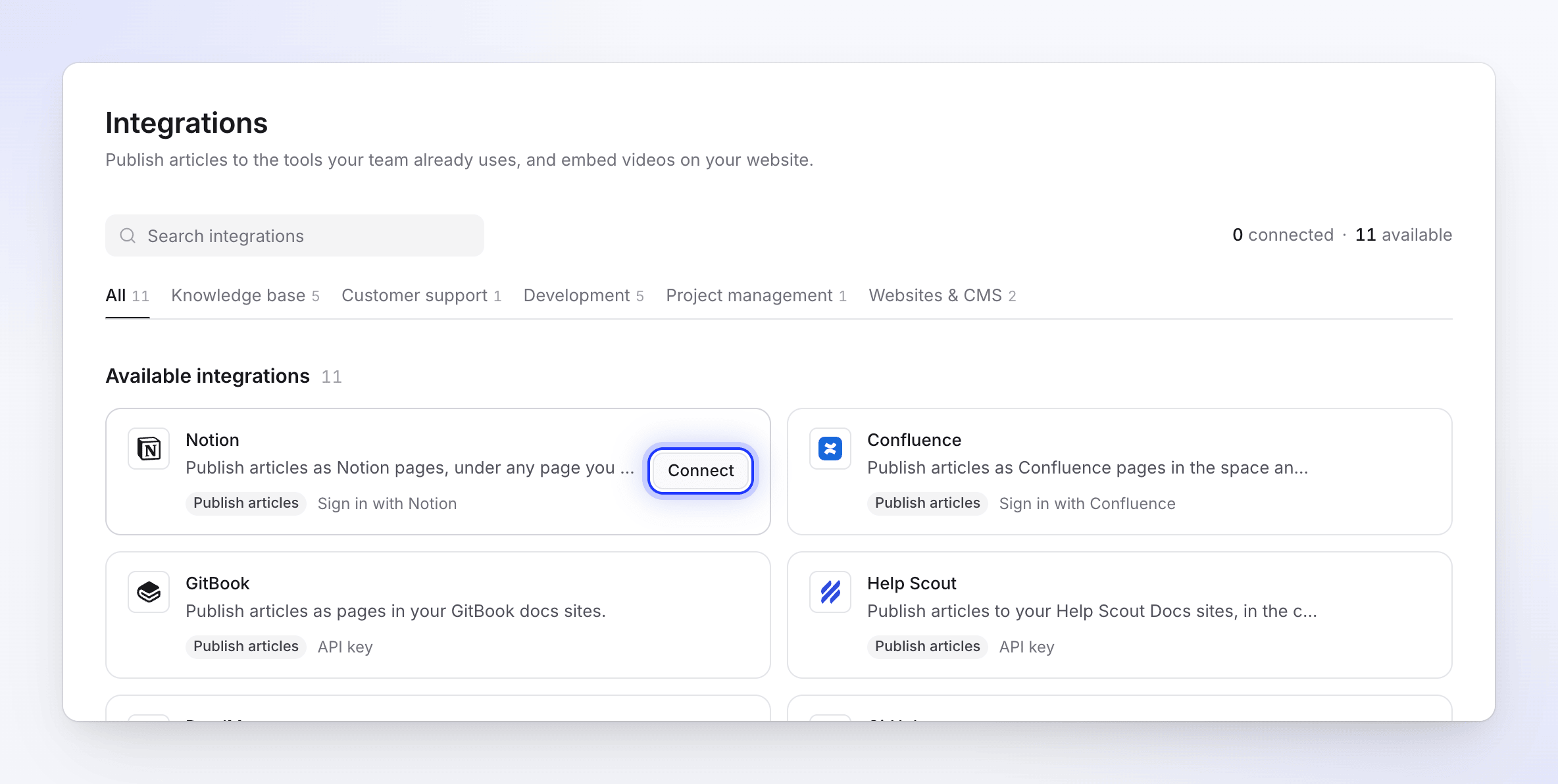 The Integrations page listing available tools such as Notion, Confluence, GitBook and Help Scout, with Connect on the Notion card