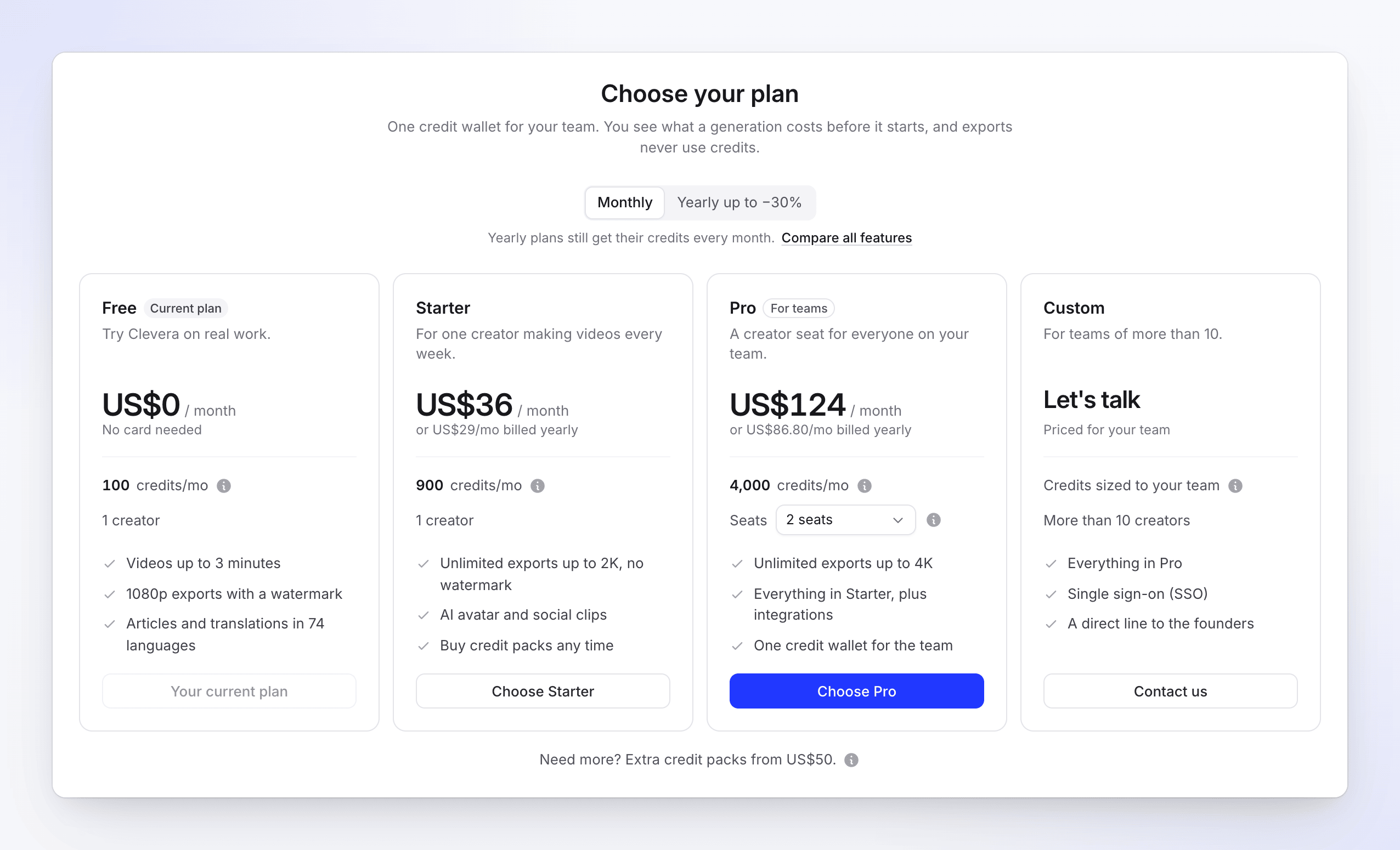 The plan picker with Free, Starter, Pro and Custom cards