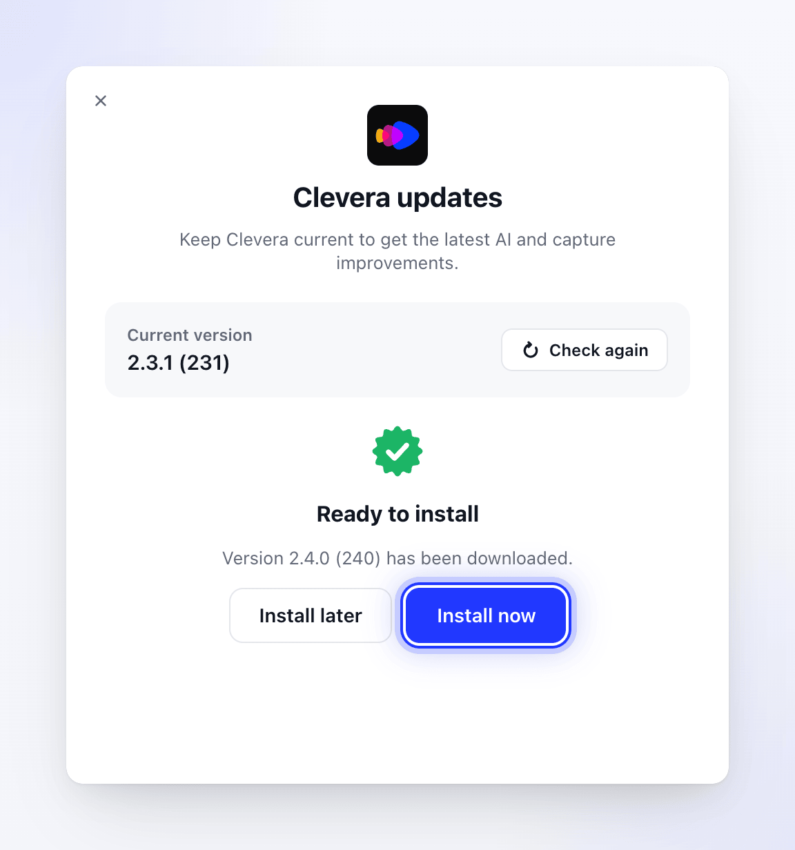 The Clevera updates window with the update ready to install.