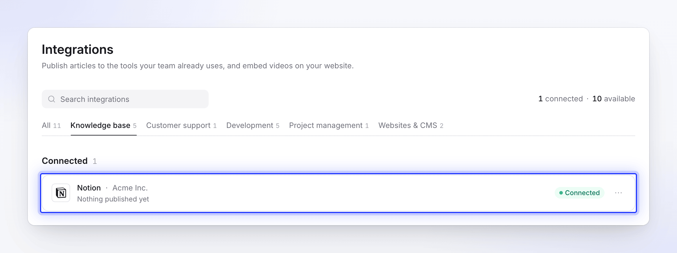 Notion listed under Connected for the Acme Inc. workspace, with nothing published yet