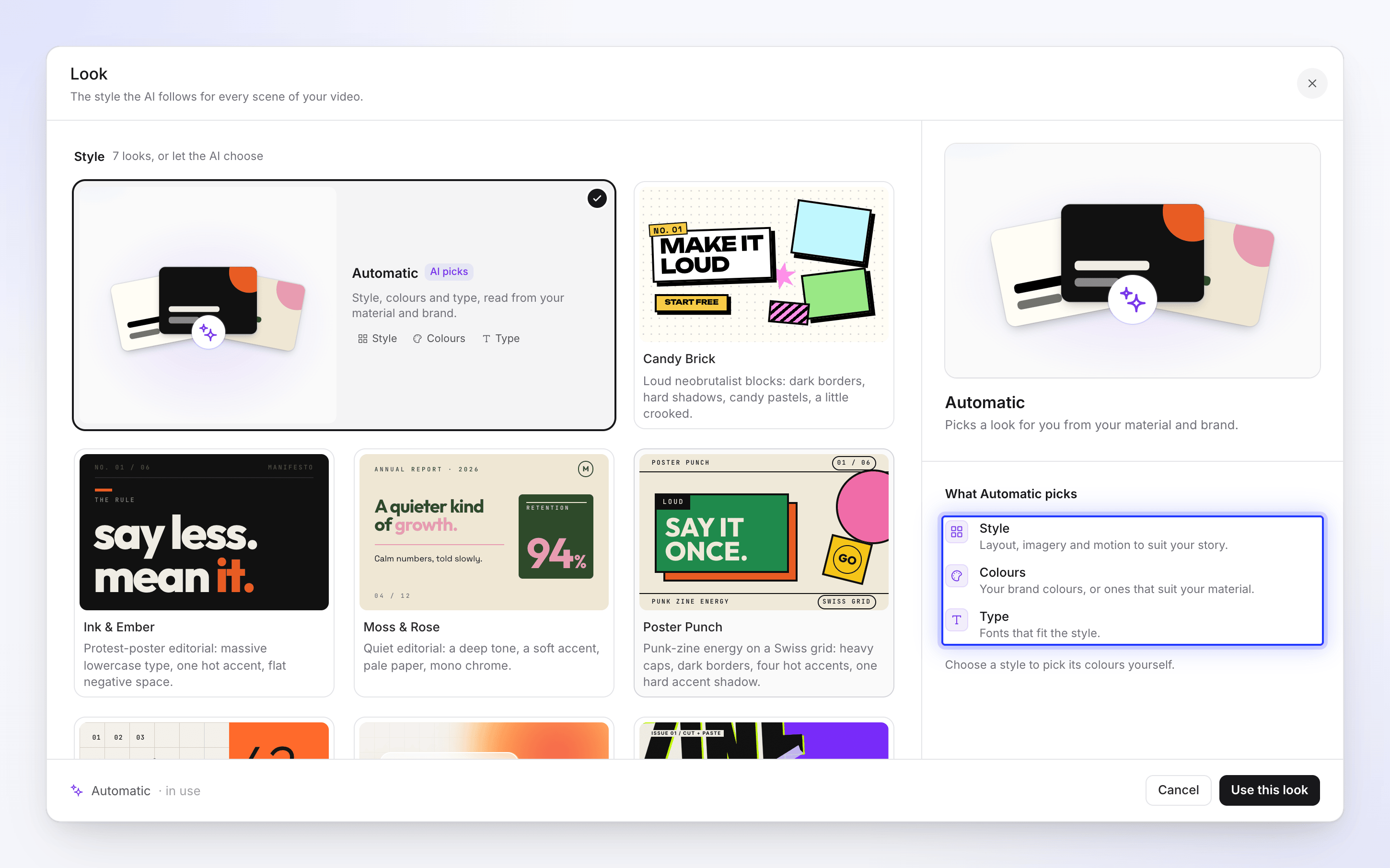 The Look window on Automatic, listing what the AI picks