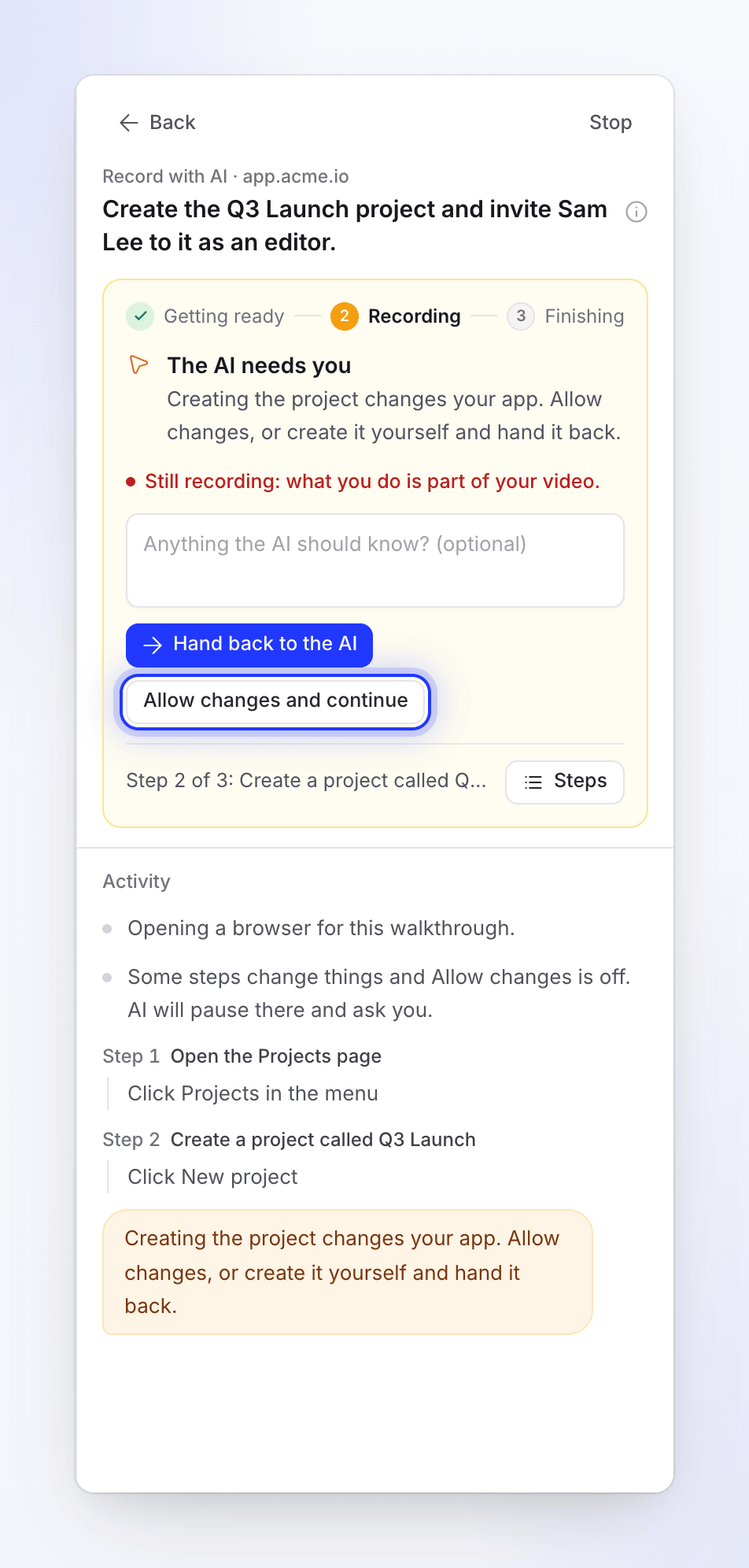 The status card offering Hand back to the AI and Allow changes and continue